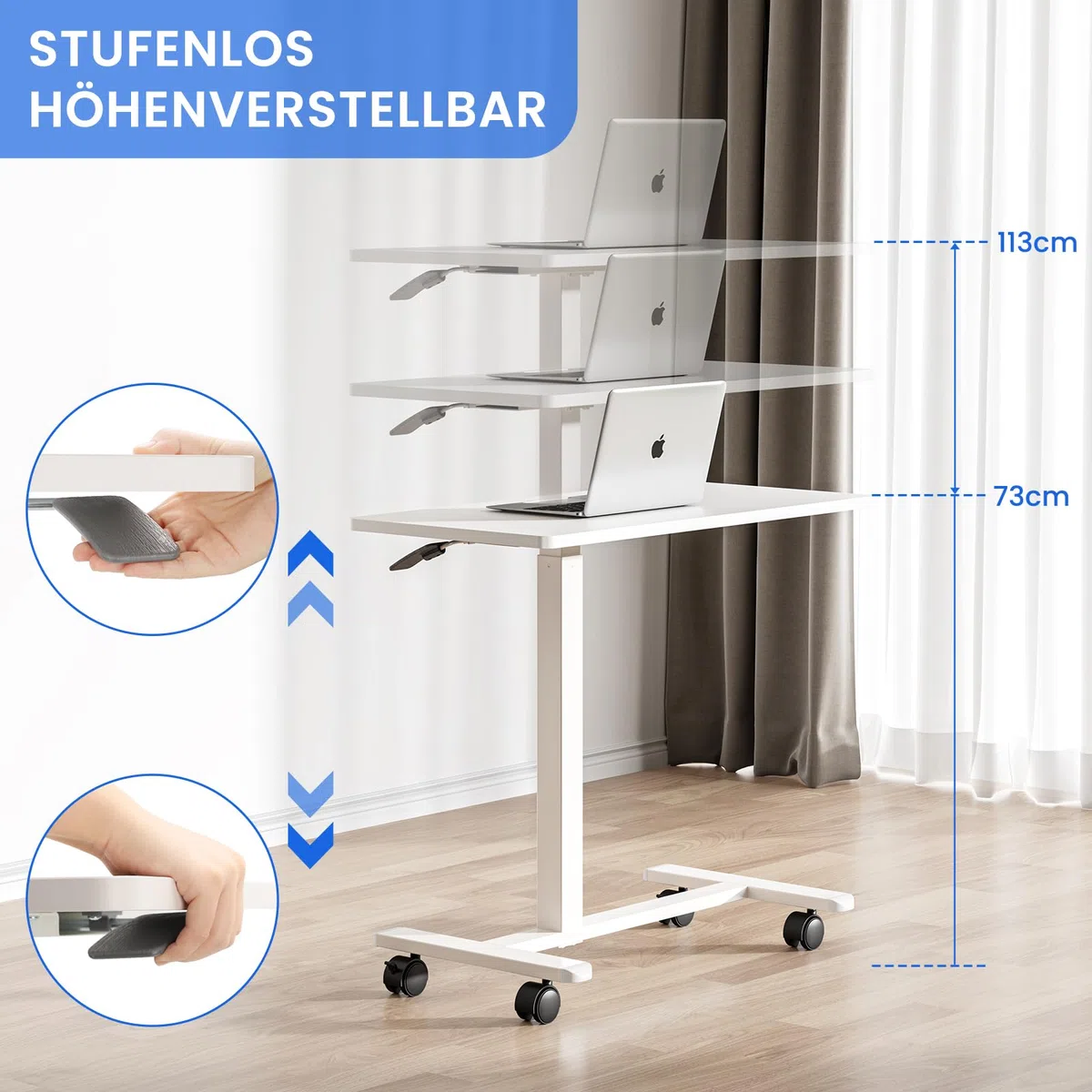 Dripex Tavolino regolabile in altezza con ruote, tavolo per la cura del letto, tavolo per computer in legno, piccolo tavolo da letto su ruote, comodino per soggiorno, camera da letto, bianco