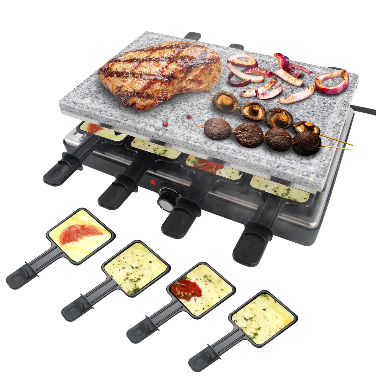 Raclette Grill Piastra elettrica 1400 W con pietra naturale antiaderente piastra 8 padelle e spatola di legno termostato continuo