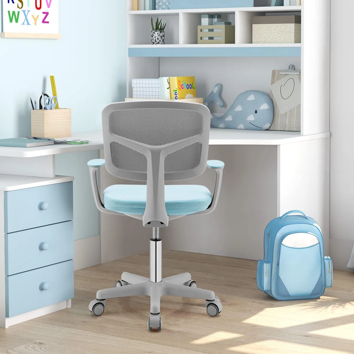 GYMAX Sedia da Scrivania per Bambini, Carico 150 kg, Sedia Ergonomica, Altezza Regolabile, Girevole a 360° (BLU)