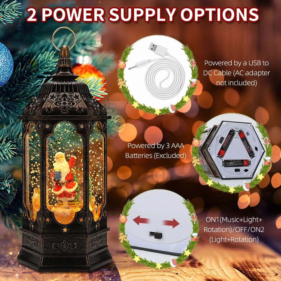 Christmas Lantern,LED Music Lantern with Christmas Snow Globe,Christmas Lantern Retro Christmas Decorations Home Decoration,USB Socket or Battery Powered...