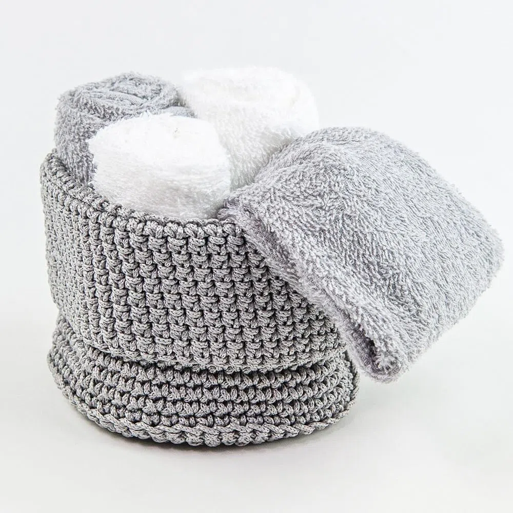 Generico Susanna Home Set 4 Lavette 30x30 - Asciugamano Ospite in Spugna di Cotone - Confezionato in elegante cestino uncinetto (GRIGIO)
