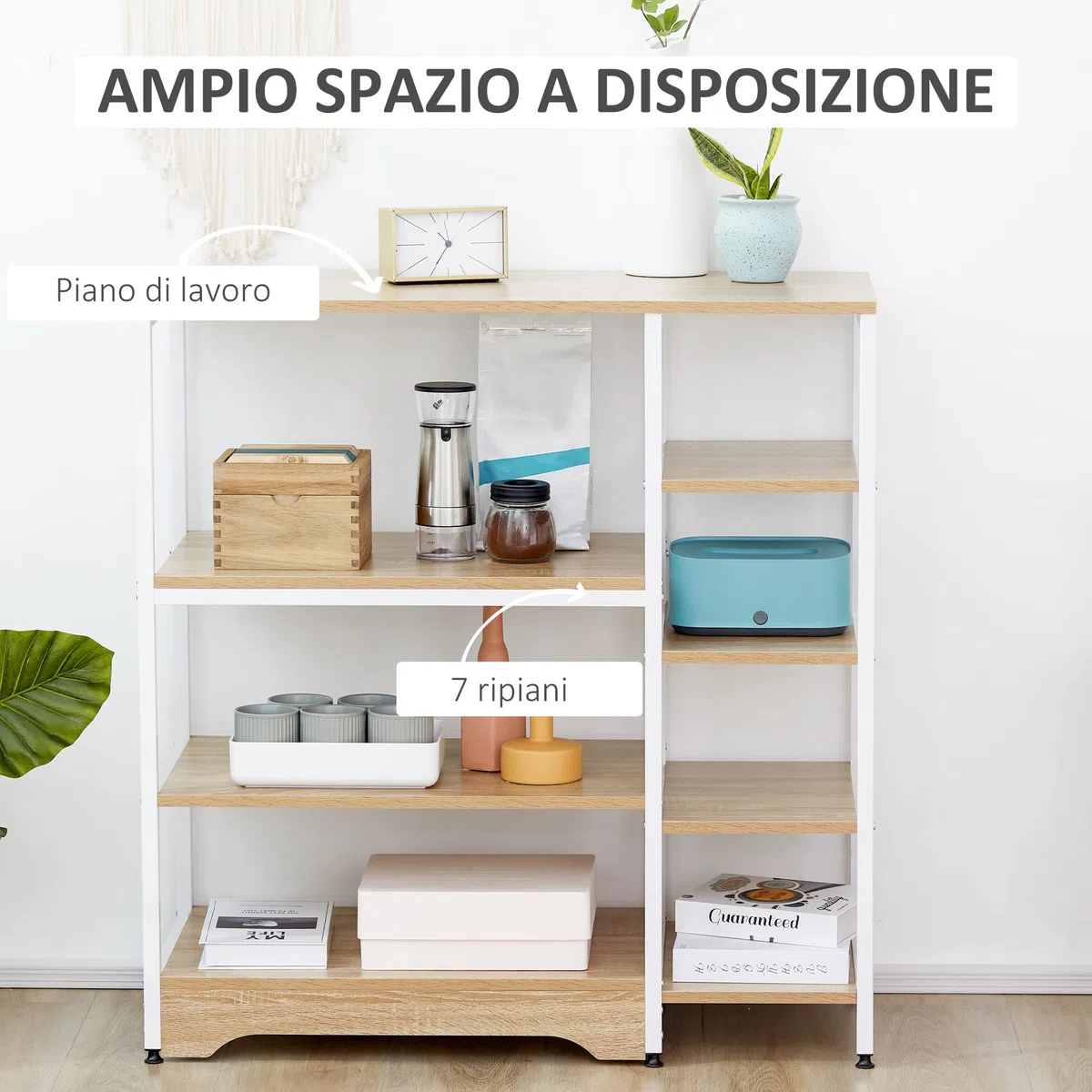 HOMCOM Scaffale da Cucina Basso Salvaspazio Stile Industriale, Mobiletto con 7 Ripiani per Cucina in Metallo e Legno, 90x40x95cm, Bianco