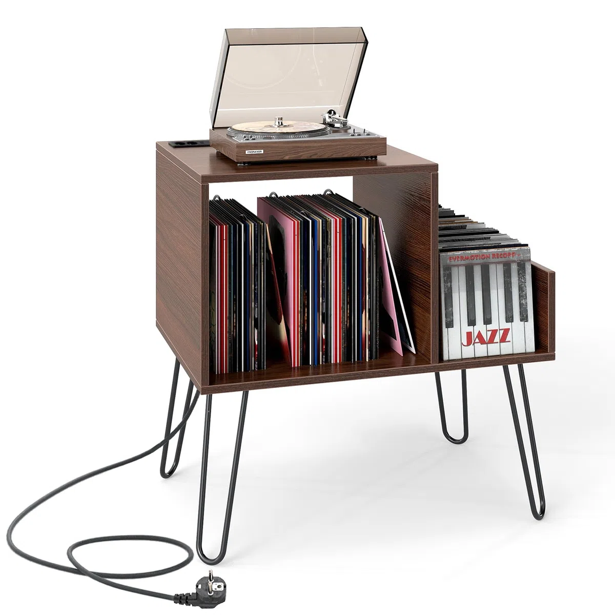 GIANTEX Supporto per giradischi, 66 x 45 x 67 cm, tavolino con stazione di ricarica integrata, mensola in vinile con gambe in metallo, armadio per camera da letto, soggiorno (marrone)