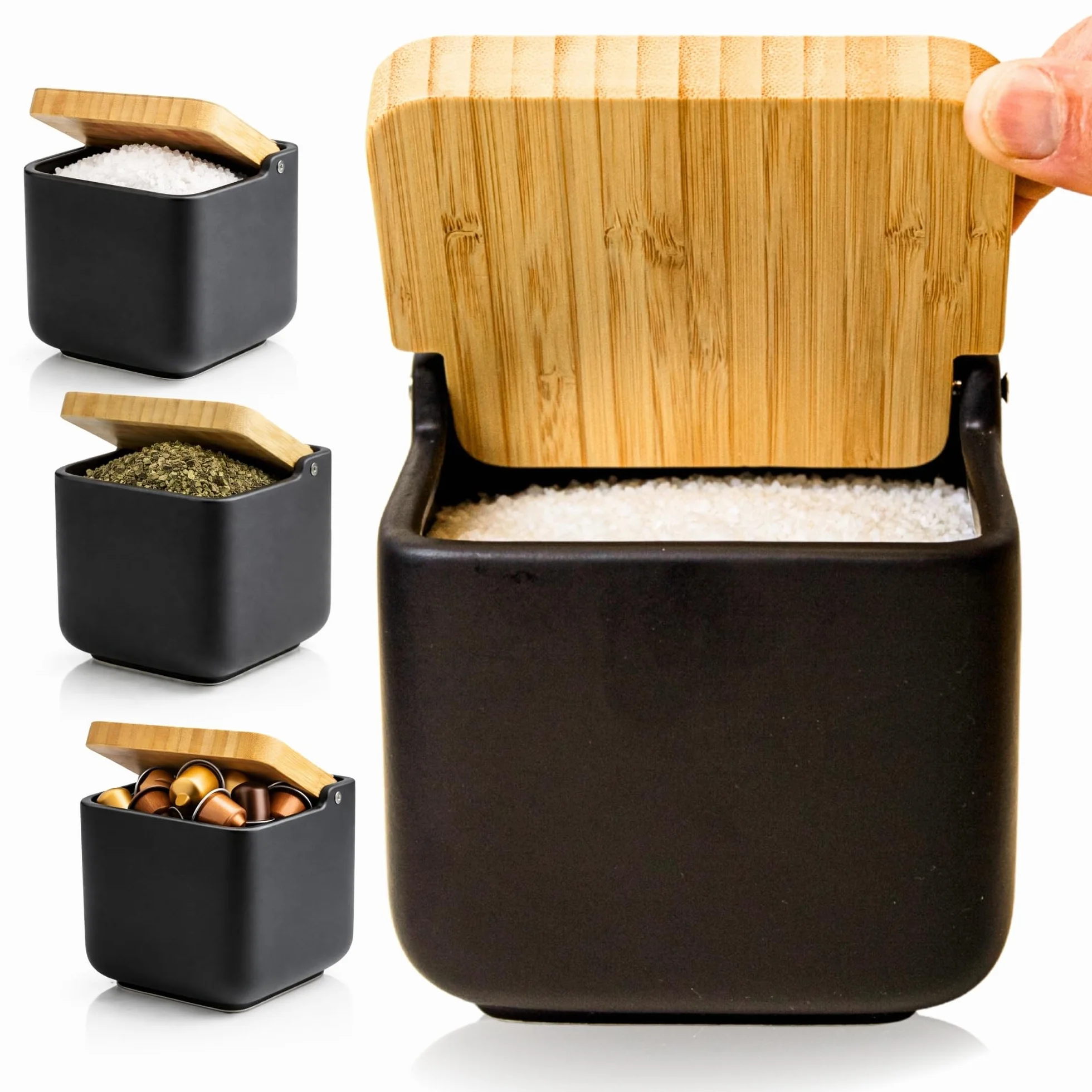 Porta sale grosso e fino, Barattoli sale per cucina o tavolo in ceramica con coperchio girevole in bambù ecologico, Barattolo sale grosso e fino, Dimensioni 11,2 x 11,2 x 11,2 cm. Nero