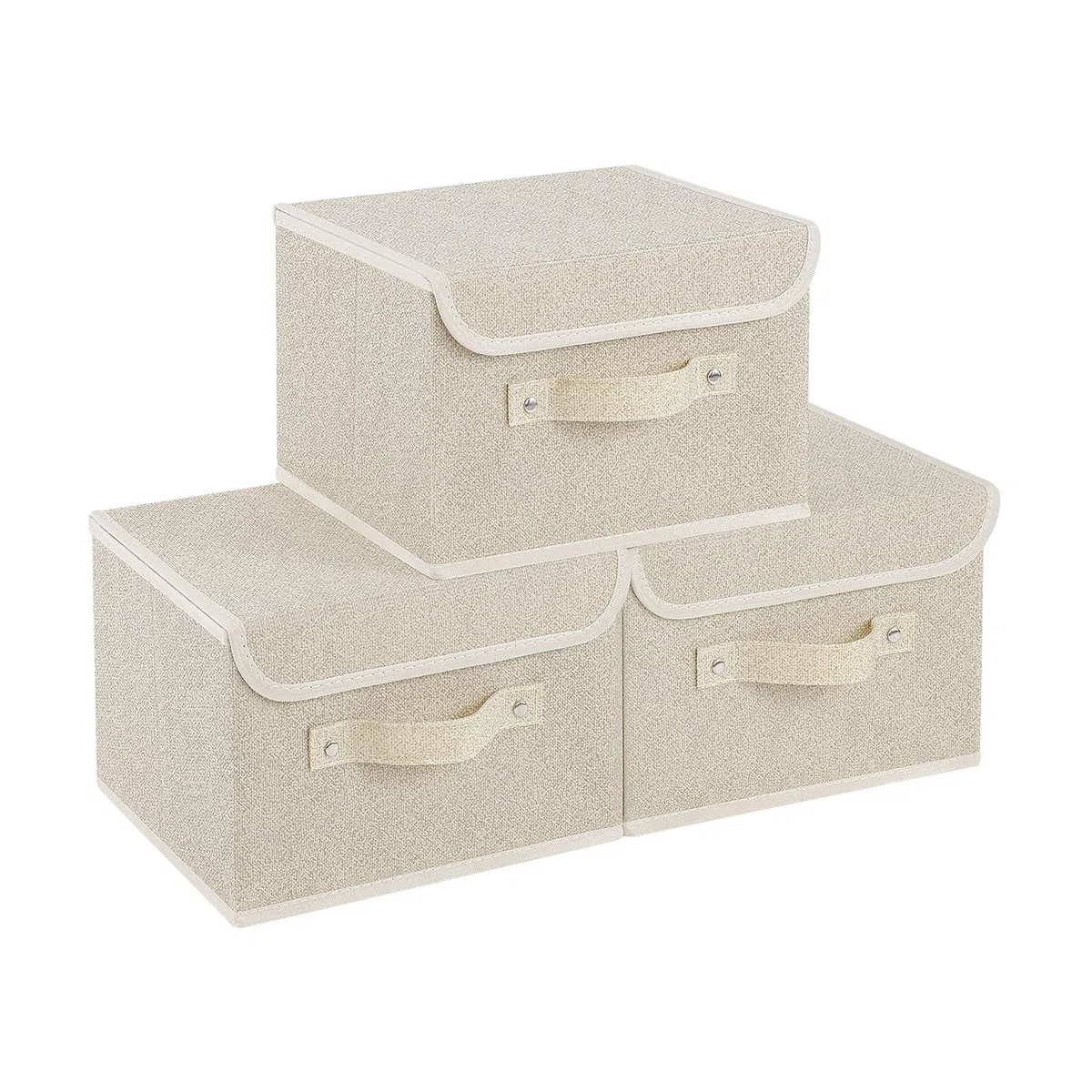 3 Pezzi Scatole di Stoccaggio Pieghevoli con Coperchi, Cubo di Portaoggetti in Tessuto con Manici, per Vestiti da Letto a Casa, Ufficio, Scuola, 26×20×17cm, Grigio Beige
