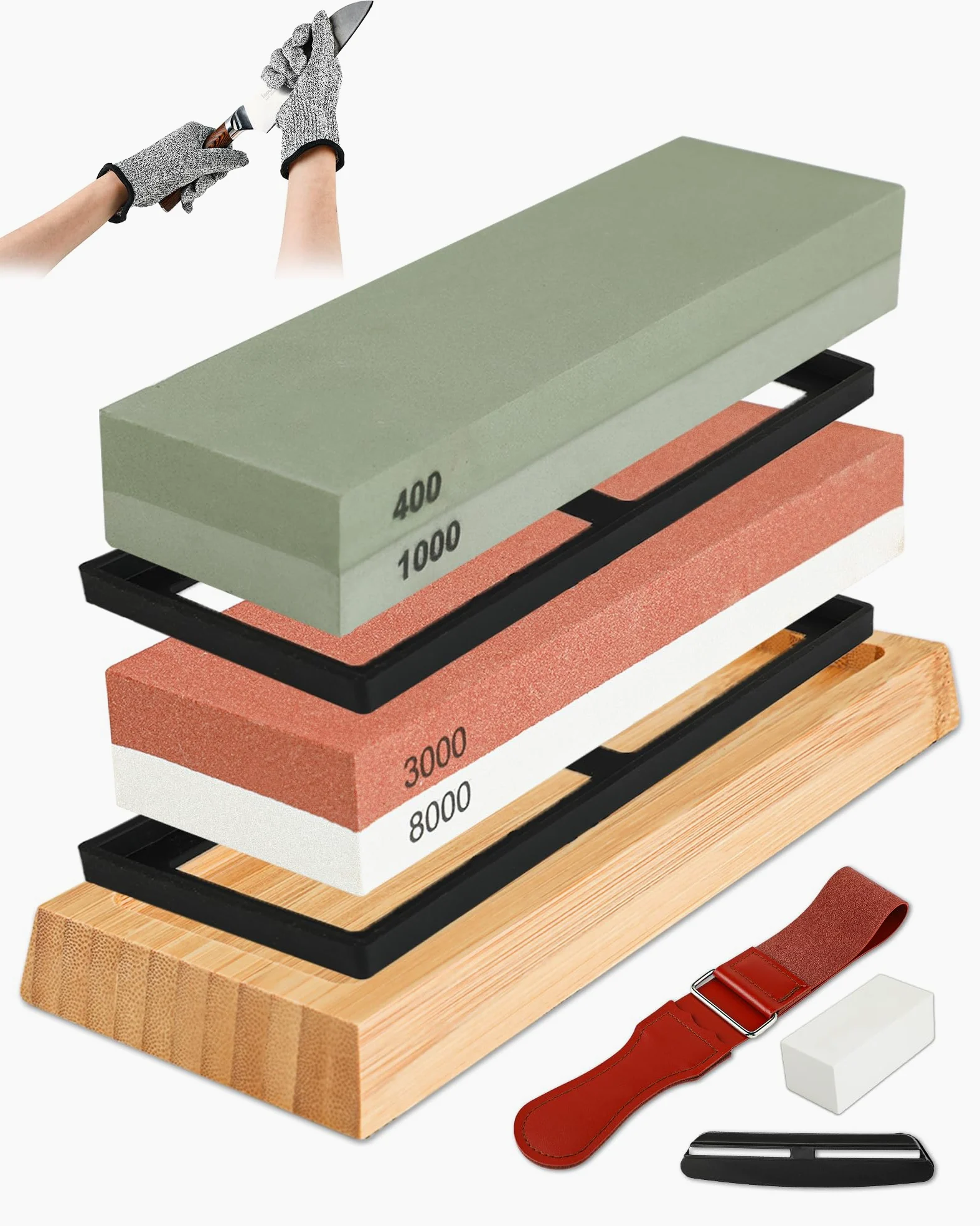 Set Pietra Affilacoltelli 400/1000 3000/8000 - Pietra per Affilare, Pietra Affilatura Professionale, con Guanti Antitaglio per l'Affilatura dei Coltelli, Affilatore per Coltelli da Cucina
