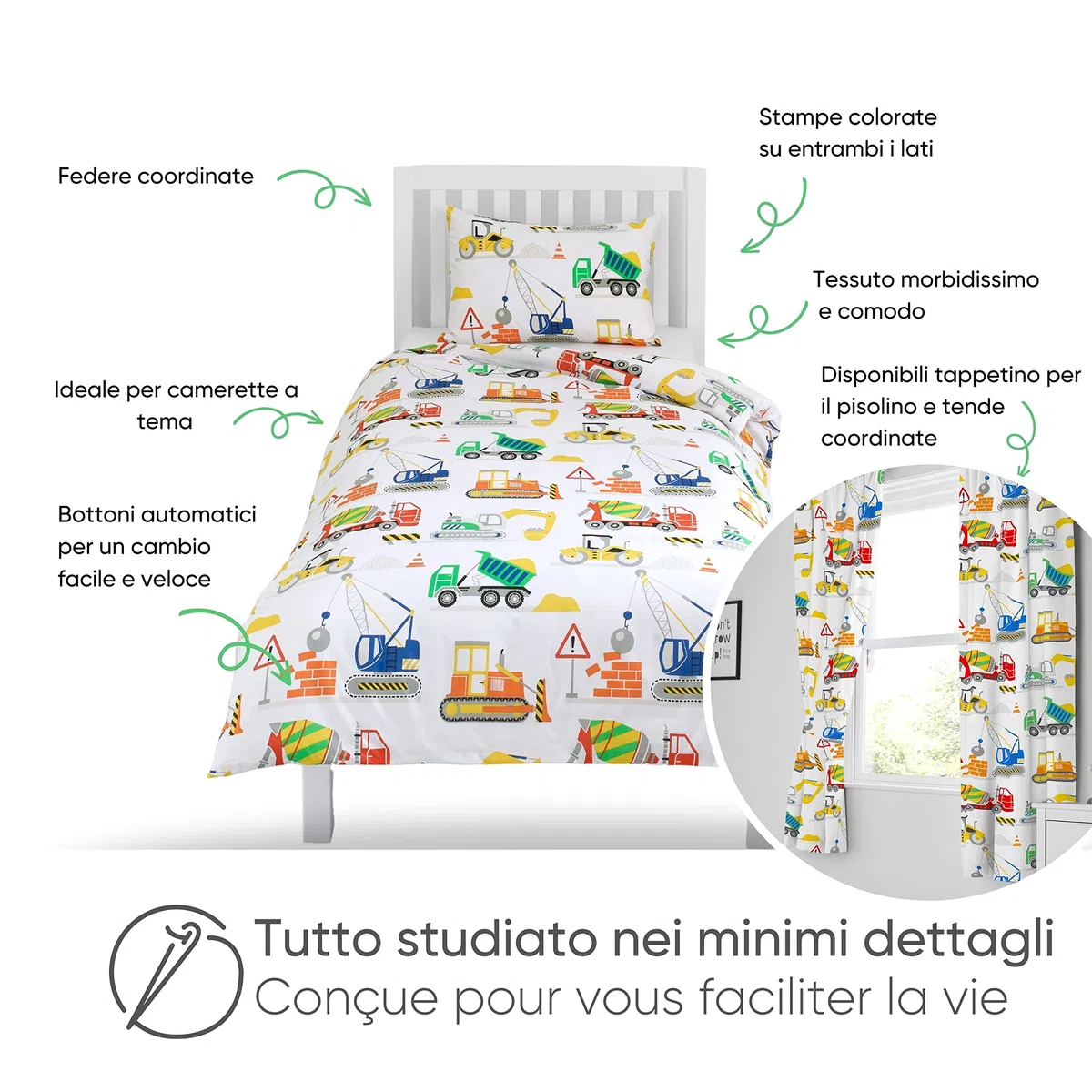 Bloomsbury Mill - Set Copripiumino Singolo Bambino e Bambina - Escavatrici, Camion e Gru - Lenzuola Letto Singolo Reversibile - Set di Biancheria da Letto per Bambini - 135x200cm e Federe