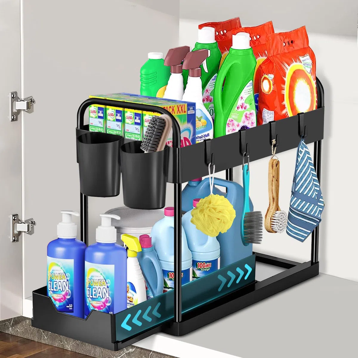 Organizer Sottolavello Cucina 2 Livelli, Estraibile Organizzatore Cucina Con 4 Ganci e 2 Tazze, Sottolavello Portaoggetti Ripiano Cassetto, Organizzatore per lavello Bagno (Nero,1 Pezzo)