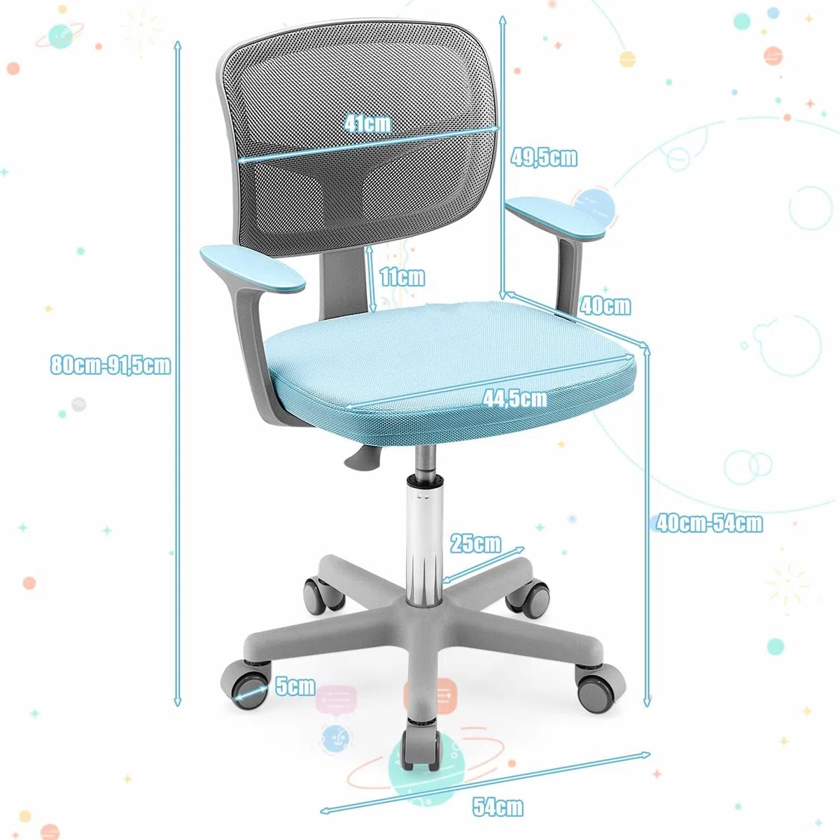 GYMAX Sedia da Scrivania per Bambini, Carico 150 kg, Sedia Ergonomica, Altezza Regolabile, Girevole a 360° (BLU)