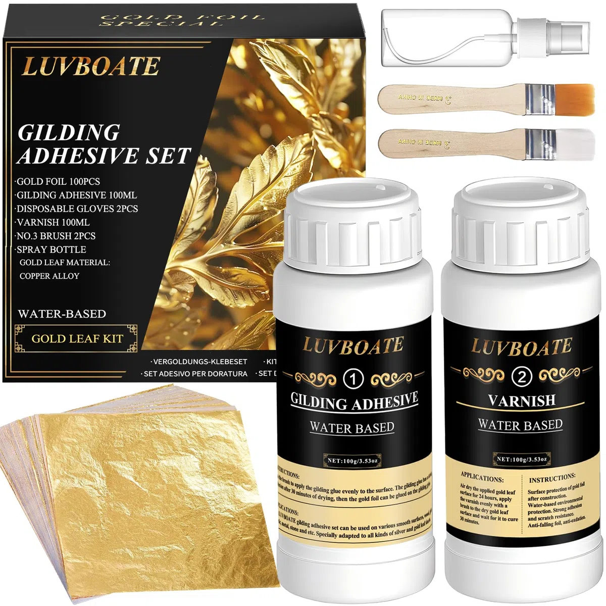 Set di fogli d'oro adesivi, LUVBOATE Set di fogli d'oro, 100ml di adesivo per doratura a base acquosa e 100ml di vernice protettiva, 100 fogli d'oro per arte, pittura, arredamento e decorazione