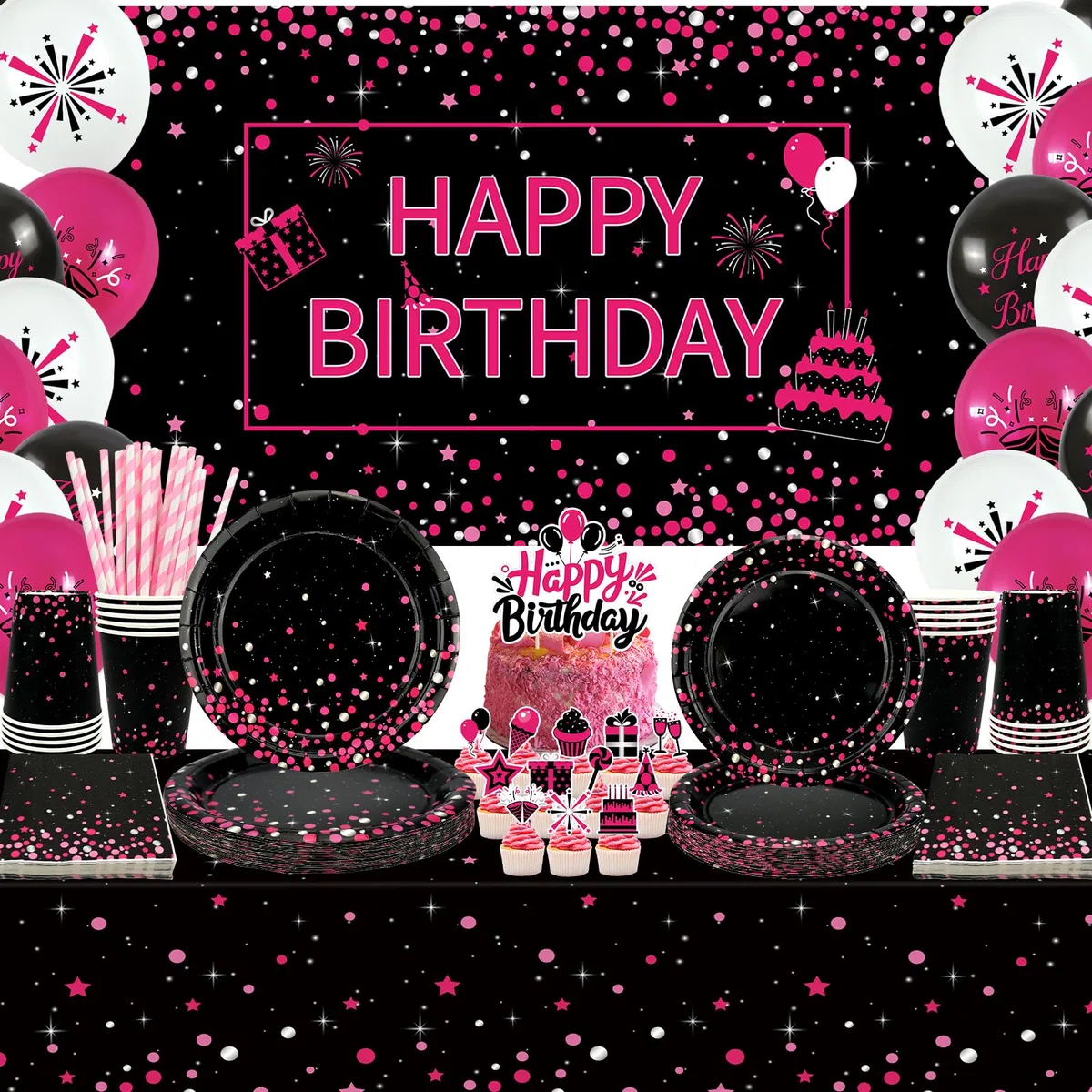 Decorazione di compleanno rosa e nero - accessori per feste in rosa e nero, tra cui sfondo, piatti, decorazioni per torte, bicchieri, tovaglioli, palloncini, tovaglie, per 20 persone (BJ)