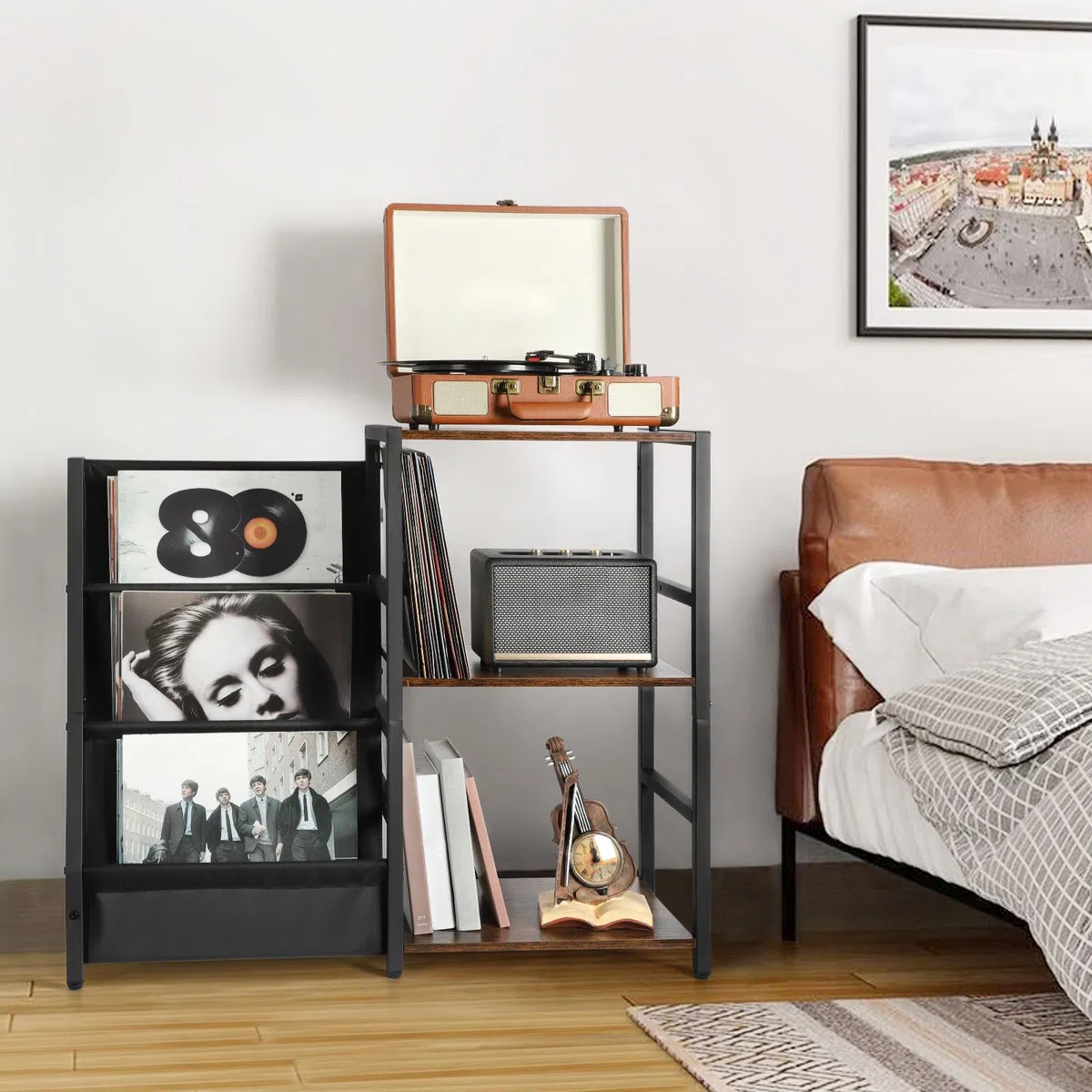 Bikoney Giradischi Vinili Stand Tavolino con Archiviazione Record in Vinile a 3 livelli, Espositore per Dischi in Vinile Fino a 200 album,Gabinetto del Supporto da Record in Vinile per Soggiorno