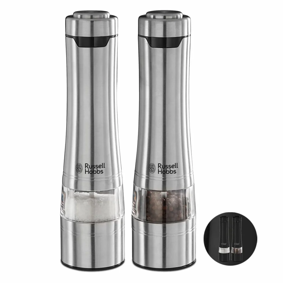 Russell Hobbs Macina Pepe, macina sale e pepe elettrico, ceramica, Macina da fino a grossolano, Illuminazione LED alla base, 2 coperchi, A batteria, Classic 23460-56