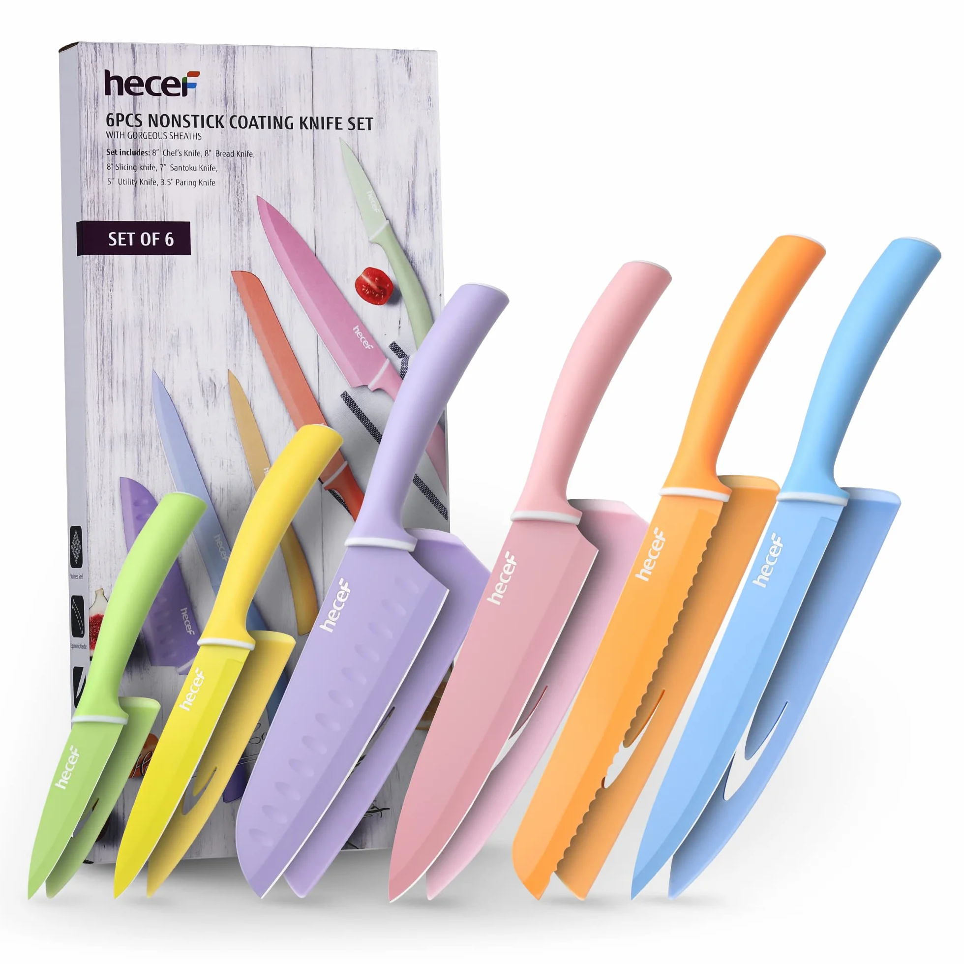 hecef Set di Coltelli da Cucina Colorati da 6 pezzi, Coltelli da Chef Professionali in Acciaio Inossidabile, Antiaderenti Sharp Coltelli con Coperture di Protezione, Lavabile in Lavastoviglie