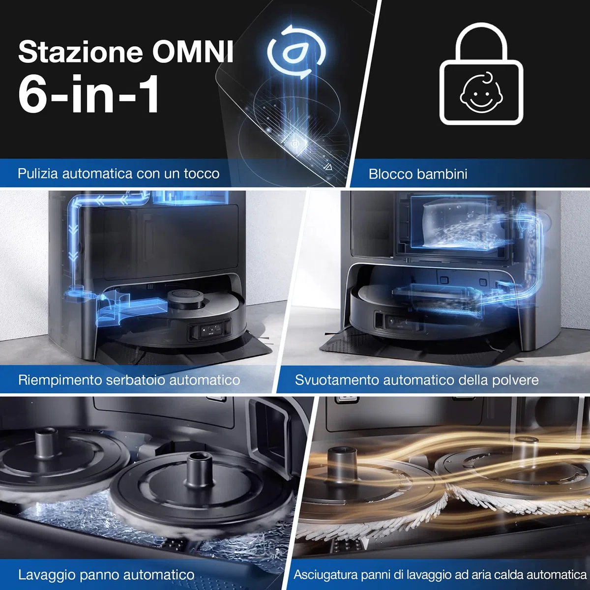 ECOVACS DEEBOT X1 OMNI, Robot Aspirapolvere con Funzione Lavaggio, Stazione di Pulizia Multifunzionale, Autopulizia Automatica, 5000pa, Rilevamento Ostacoli 3D, Batteria 260min, Assistente Vocale Yiko