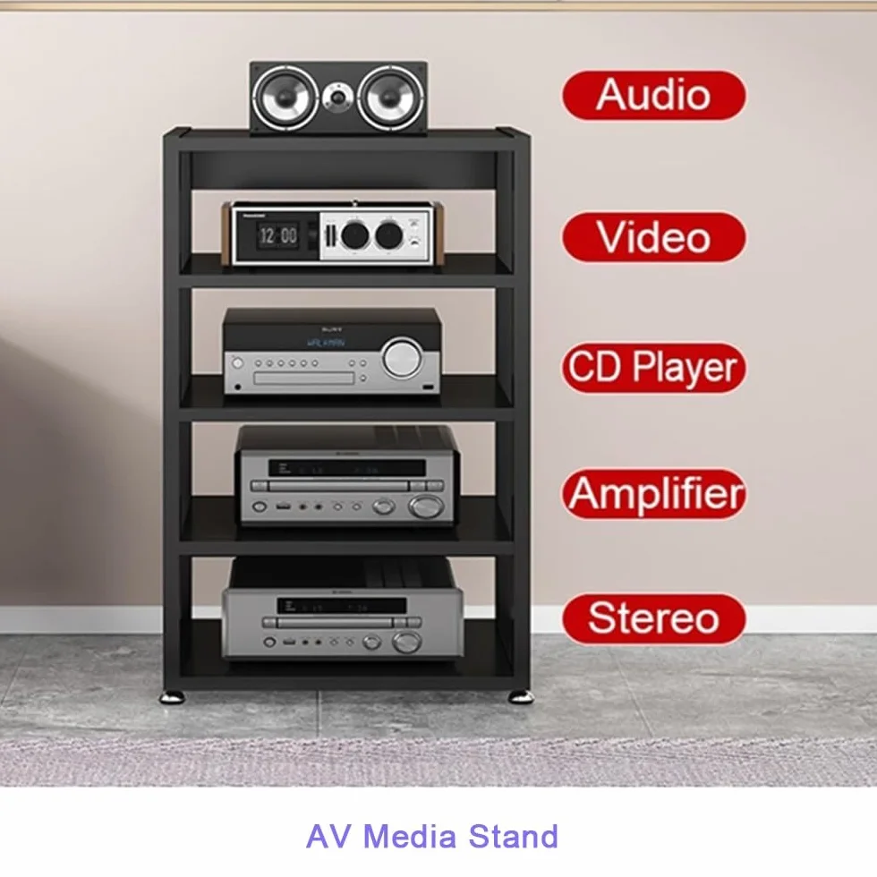 3 4 5 Livelli Mobile Componenti Stereo, HiFi Rack Audio AV Tower Media Stand, Rack Amplificatore Supporto Per Giradischi, Regolabile Mobiletto Portaoggetti, Legno & Metallo(Black,4 Tier-50X40X6