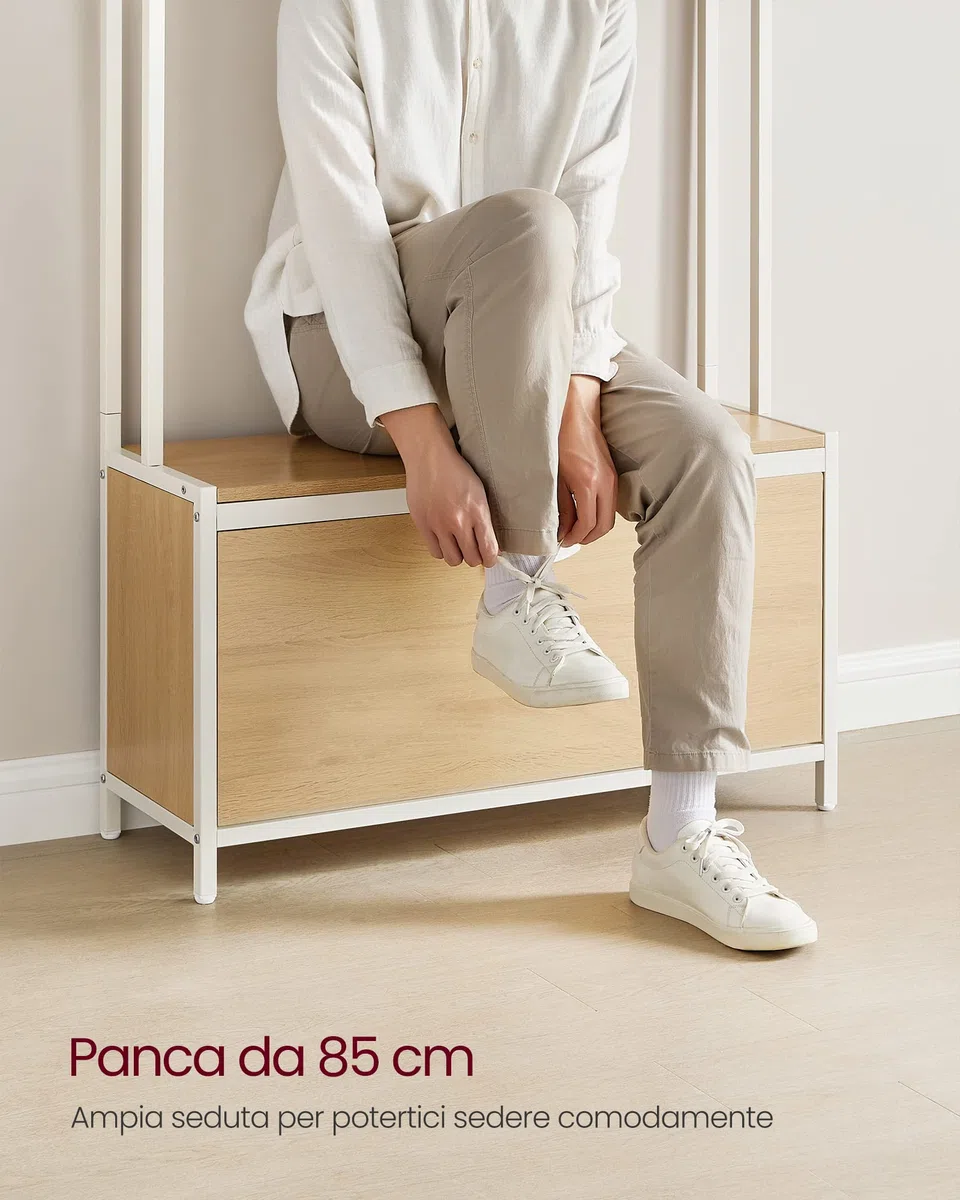 VASAGLE Appendiabiti con Scarpiera a Ribalta, Mobile da Ingresso, con Panca, 9 Ganci e Mensola Superiore, per Corridoio Camera da Letto, Stile Moderno, Rovere e Bianco HSR405W09