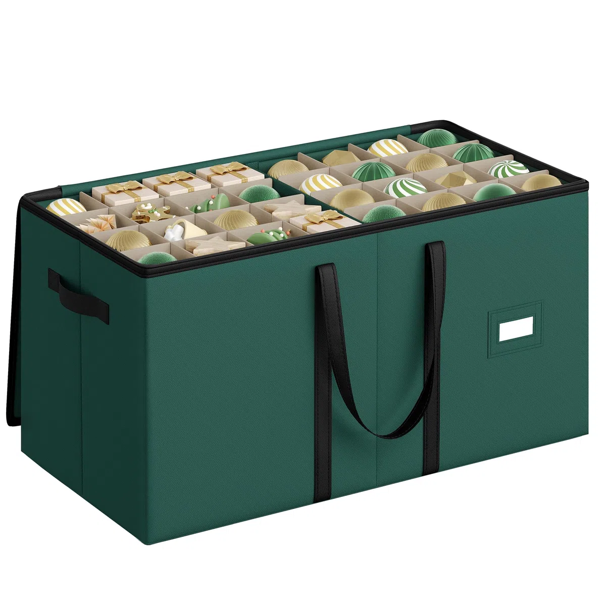 SONGMICS Contenitore per Palline di Natale, 128 Scomparti da 7,6 cm, Scatola Impilabile Decorazioni Natalizie con Coperchio, Doppia Cerniera Lampo, Divisori Regolabili, Verde Foresta RFB039C01