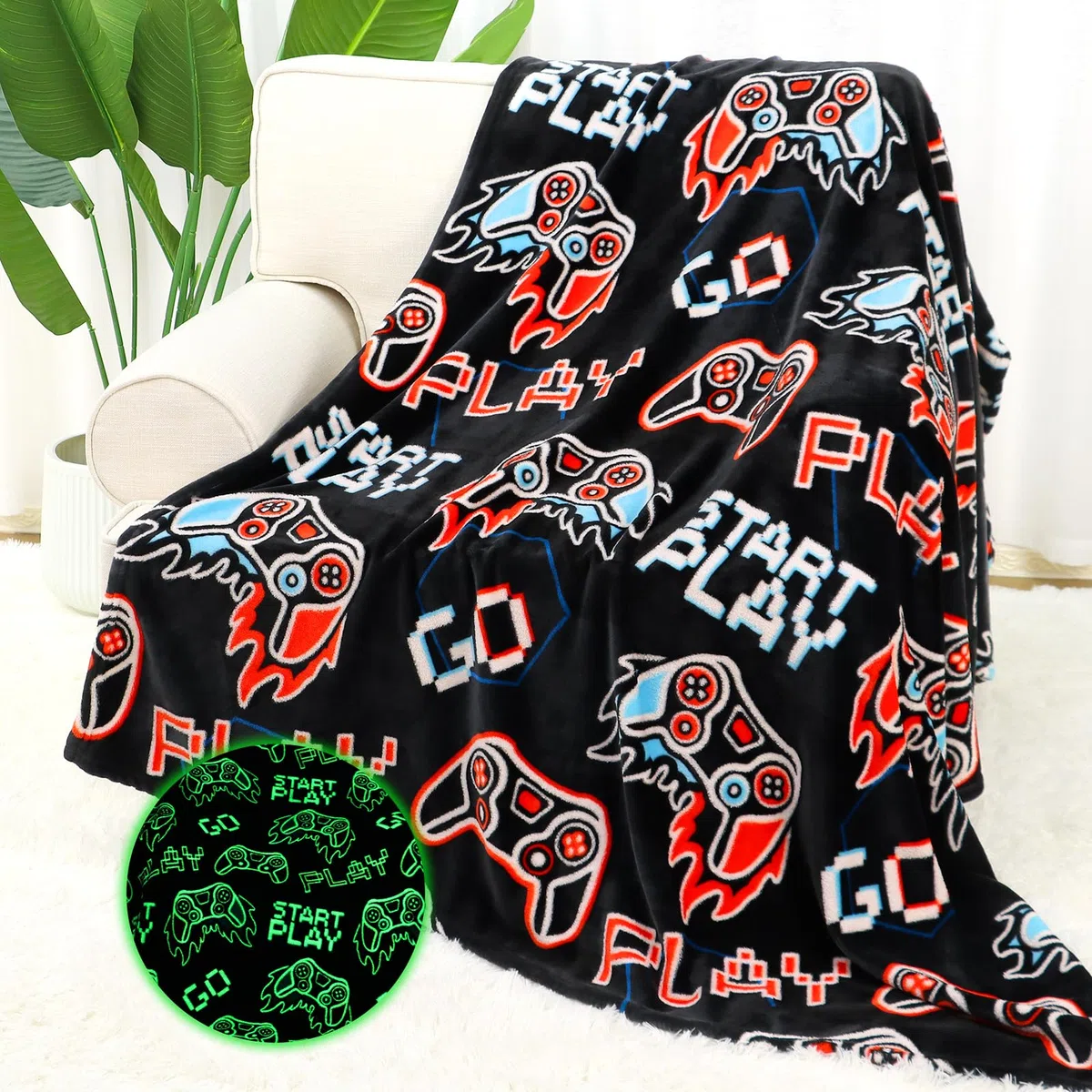 Coperta da gioco per ragazzi, adolescenti, uomini, papà, si illumina al buio, coperta da gioco per ragazzi con motivo controller di gioco, decorazione per la stanza dei videogiochi, regali per