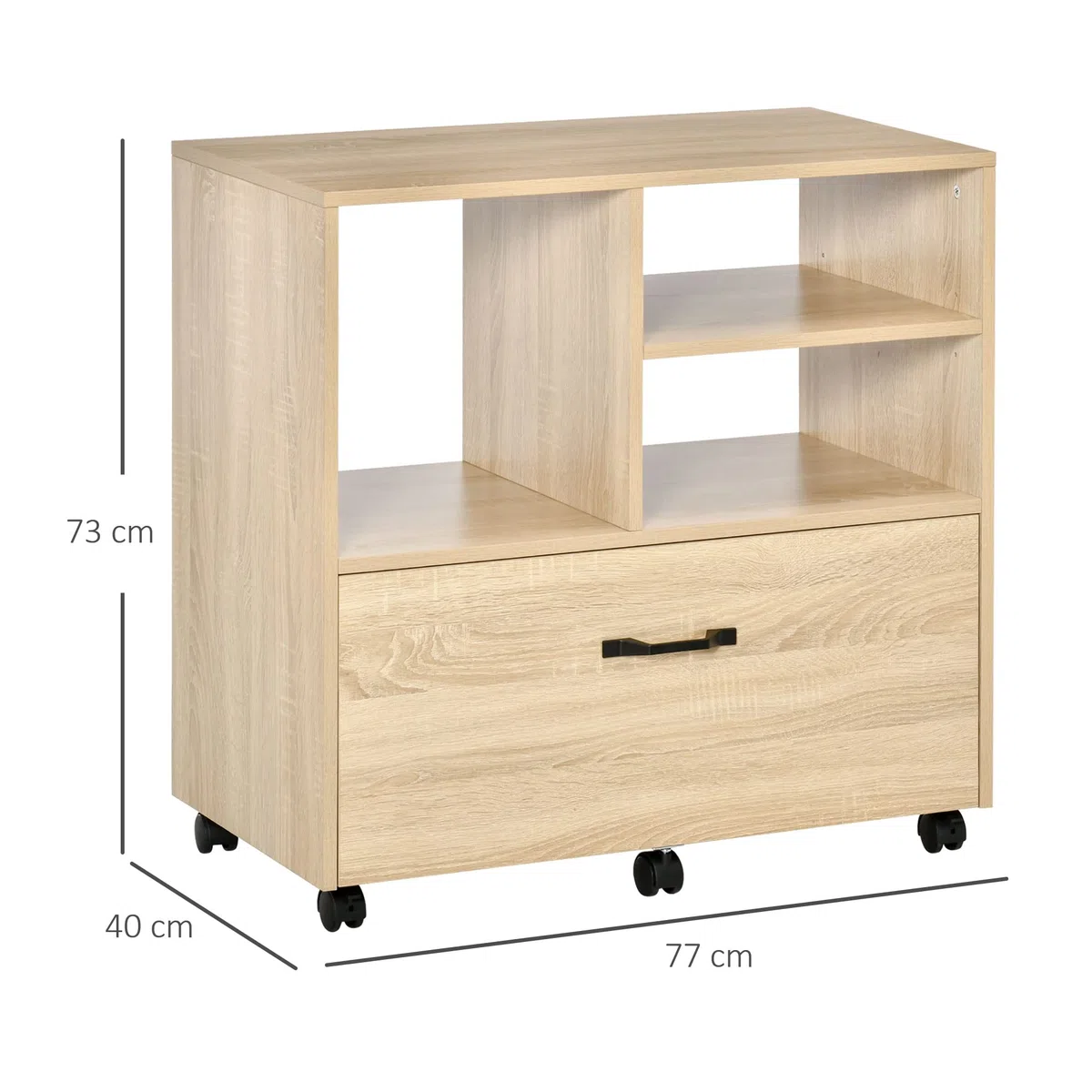 Vinsetto Mobile Multiuso per Ufficio in Legno, Cassettiera con Ruote Porta Stampante con 5 Ruote, Cassetto e Ripiano Regolabile, 77x40x73cm, Legno