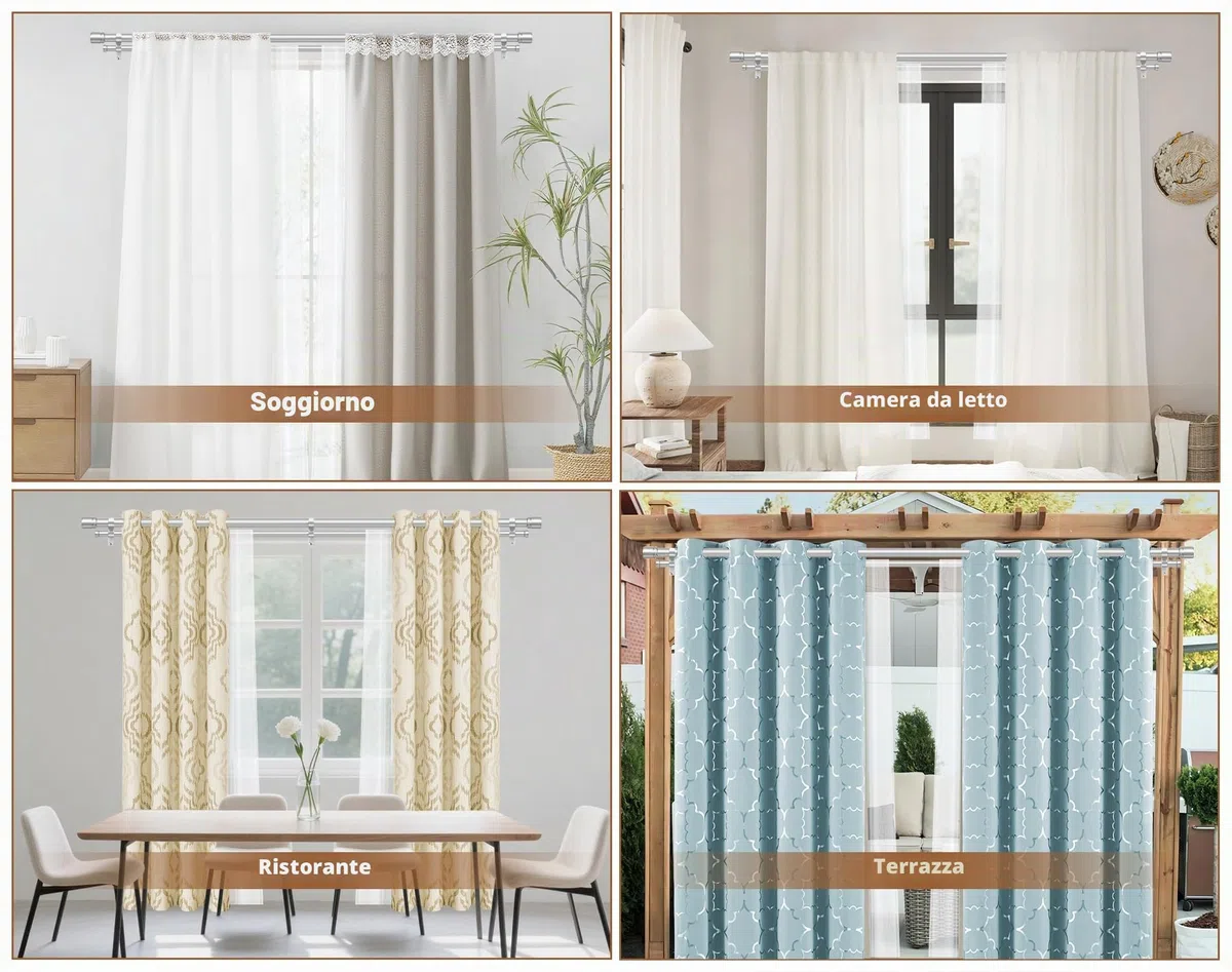 HOTOZON Argento Bastone da Tenda Doppio 190-355 cm, 25 mm Estensibile Bastone Tenda Doppio Montado en la Pared con Remates de Tapa Para Ventanas