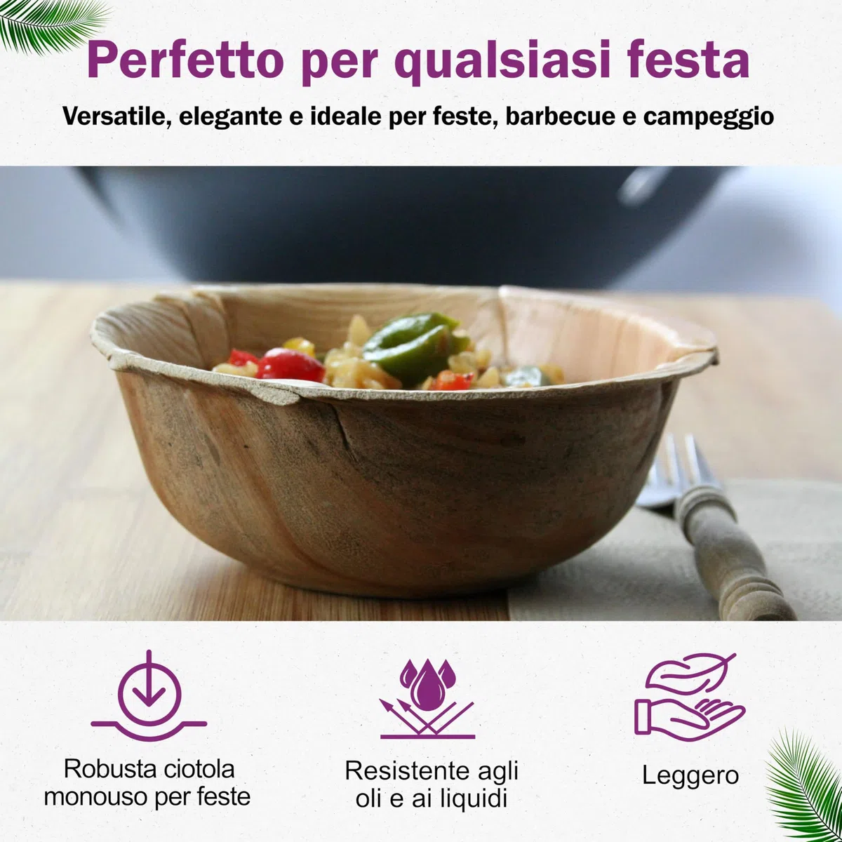 Ciotole in Foglia di Palma Ecologici - 25 Pz 15 cm / 500 ml - Stoviglie usa e getta Compostabili di Alta Qualità - Eleganti e Resistenti - Simile al Bambu - Ideale per Feste