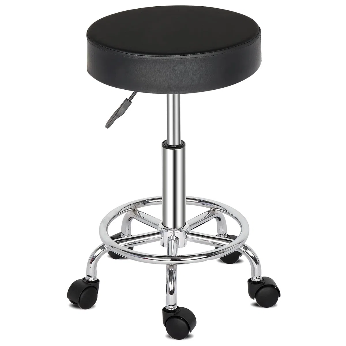 Sgabello con Ruote Regolabile in Altezza in Pelle PU, Sedia da Lavoro Imbottita con Cuscino in Pelle 8cm, per Bar, Casa, Parrucchiere,Ufficio (1, Nero)