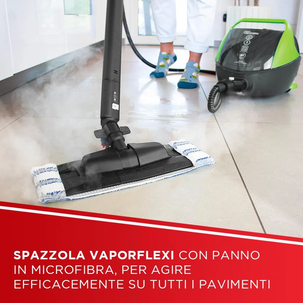 Polti Vaporetto Pro 95 Turbo Flexi, Pulitore a Vapore con Caldaia, Pressione Max 5 Bar, Potenza 1100 W, Autonomia Illimitata, Made in Italy, Funzione Eco, 14 Accessori Inclusi, Nero e Verde