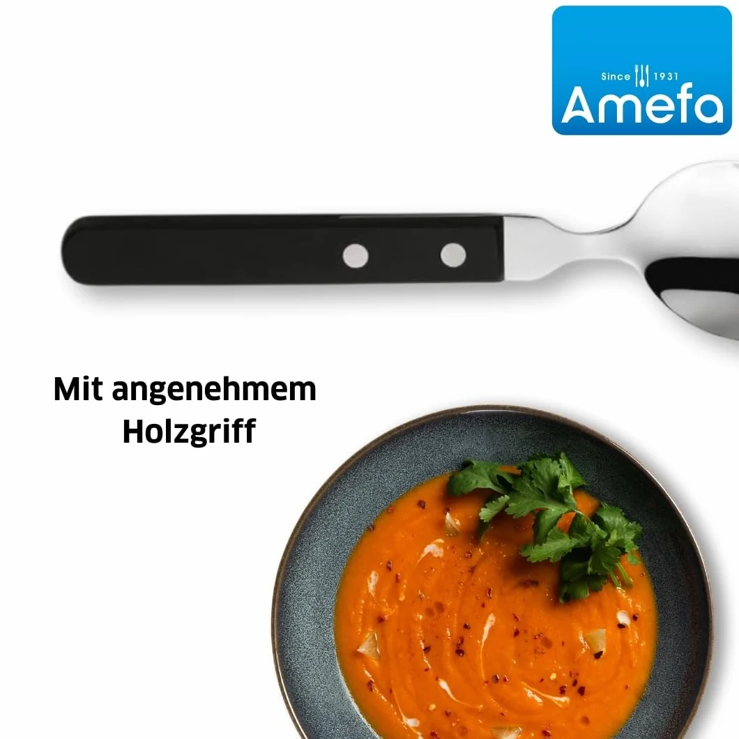 Amefa PIZZA 7000 - Set di cucchiai per pizza/bistecca per 6 persone, manico nero, in acciaio inox 18/0, lucidato e antiruggine, 2 manici rivettati in legno di Pakka, posate da bistecca, set di posate