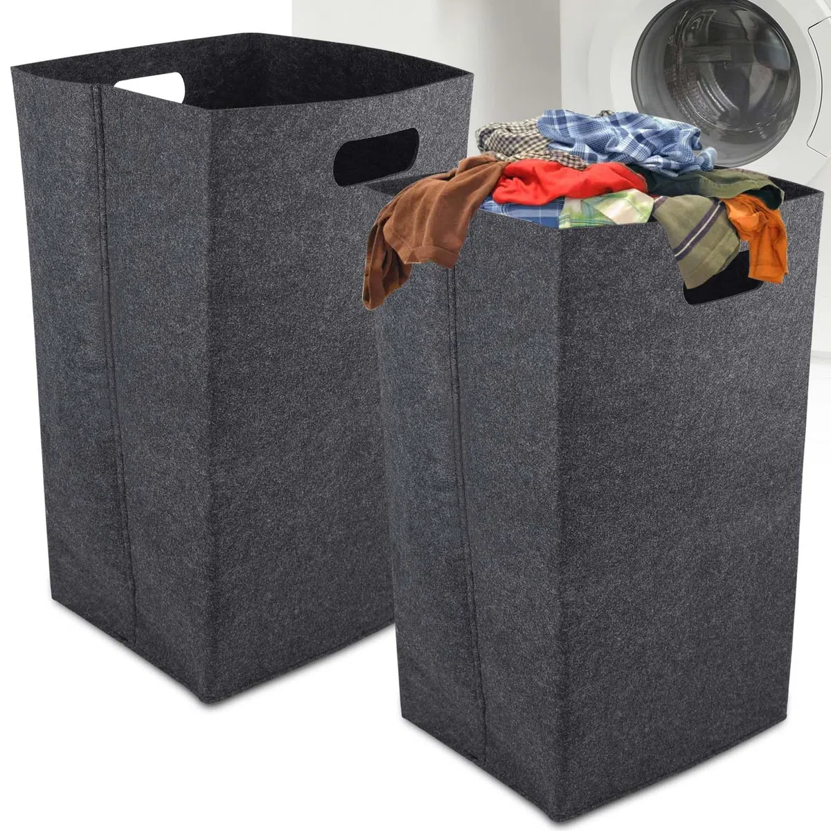 Cesto portabiancheria 60 l, 2 pezzi, in feltro sottile e pieghevole, per camera da letto, bagno, cucina e soggiorno, grande cestino, grigio scuro
