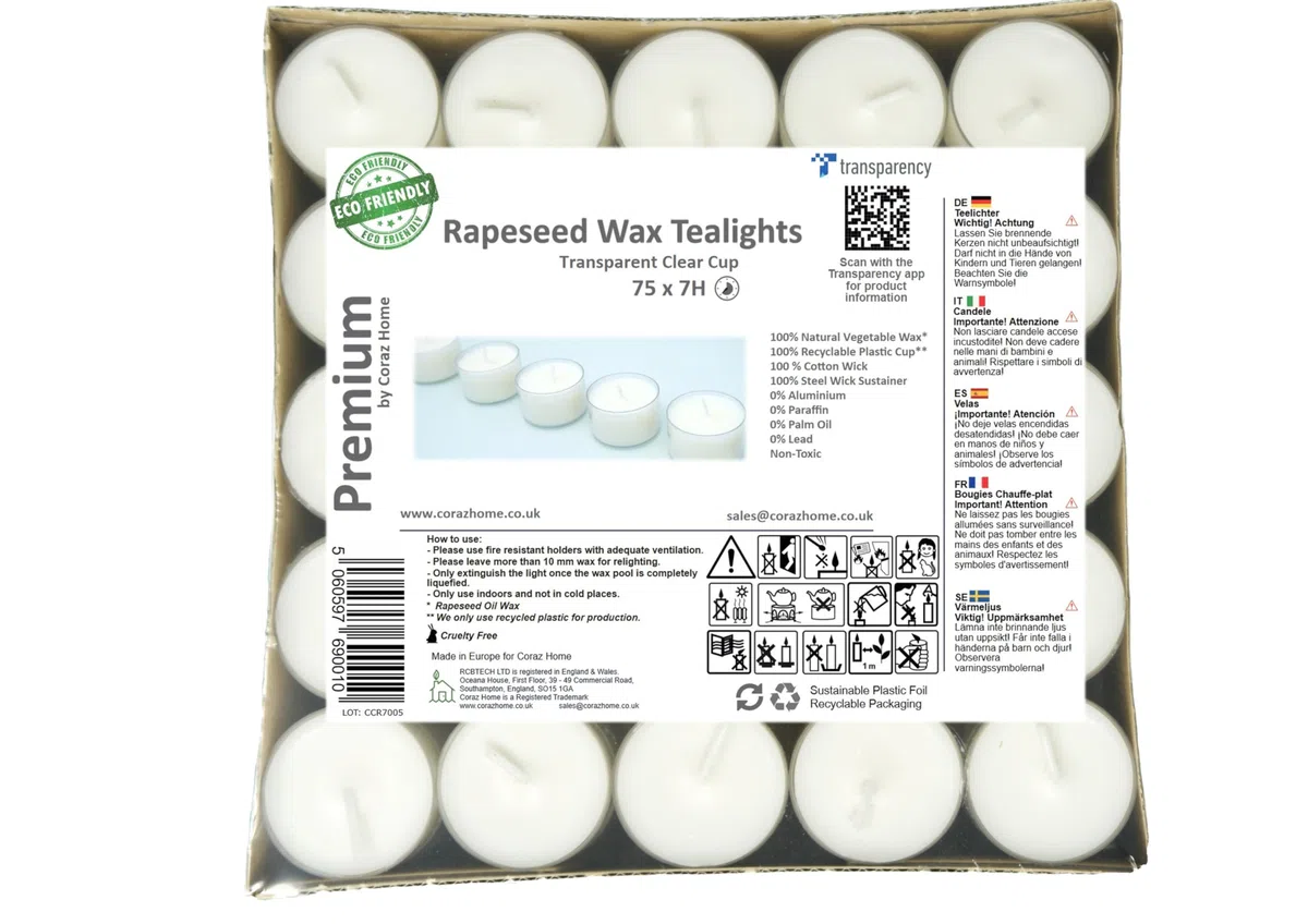 Luci da tè naturali di alta qualità Cera di colza in candele trasparenti con 4 o 7-8 ore di combustione Cera bianca pura non tossica Senza paraffina Senza profumo