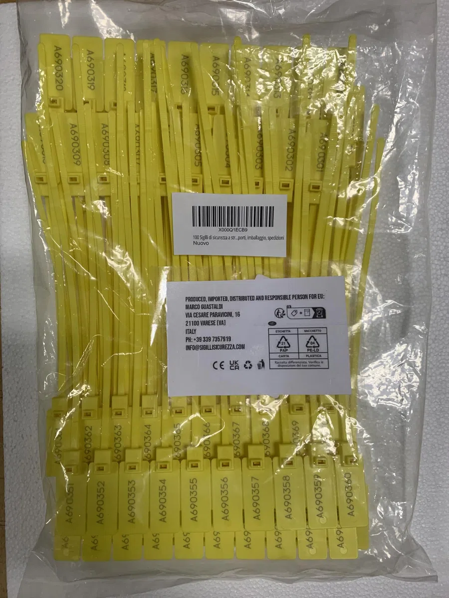 100 Sigilli di sicurezza in plastica. Economico, regolabile con un'applicazione veloce e sicura. Lungh. 20 cm. Numerazione progressiva. Applicazioni: logistica, trasporti, imballaggio, etc.