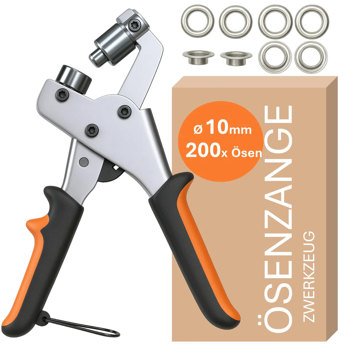 Set di pinze professionali per occhielli con 200 occhielli inclusi - Set di occhielli (Ø 10mm) | Pinza magnetica per occhielli | Punzonatrice per occhielli per tessuti, teloni e tende da