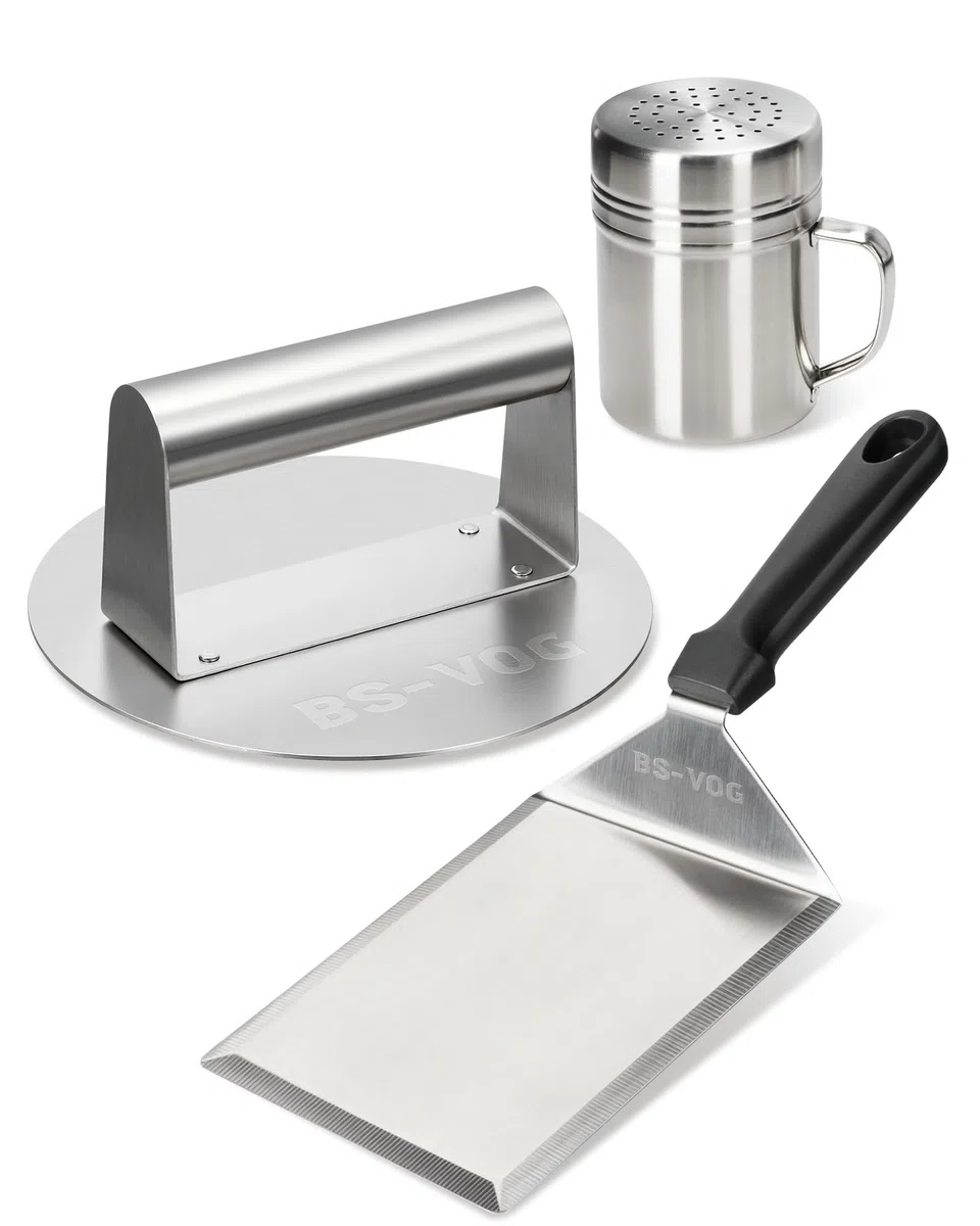 BS-VOG Kit Smashed Burger con Smashed Burger Press 6,2", Spatola & Spargipolvere – Set di Accessori da Cucina in Acciaio Inox per Carne, Pancetta & Pressa per Hamburger