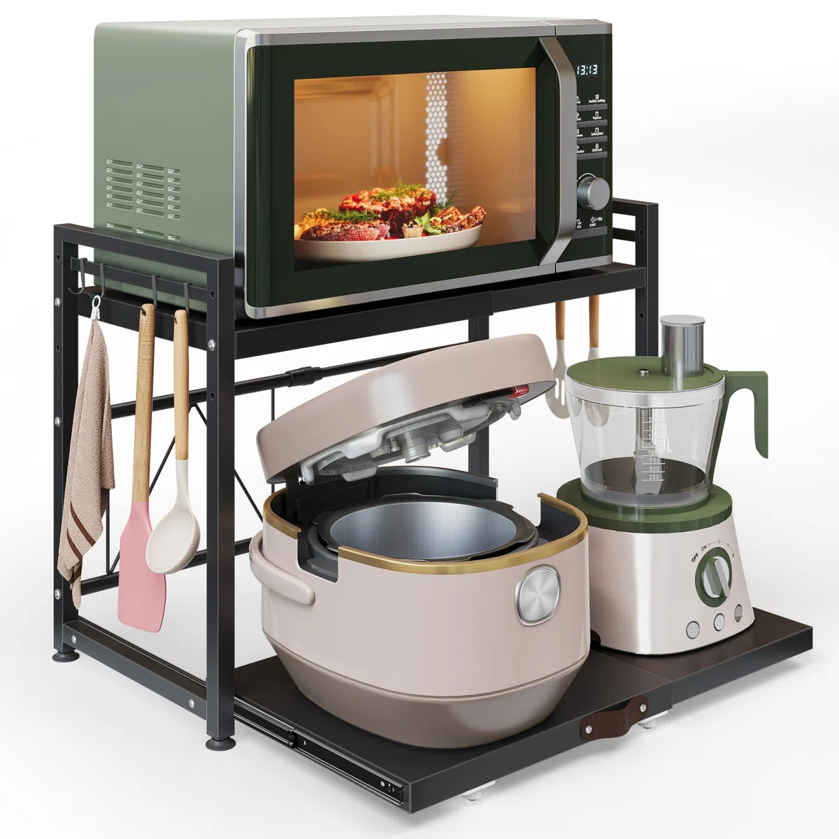 NETEL allungabile mensola microonde a 2 Livelli,ripiano per microonde,scaffale cucina salvaspazio,Organizzatore di Stoccaggio per Cucina con 8 Ganci, Nero