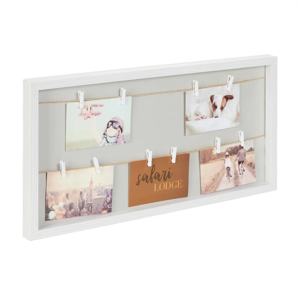 Relaxdays Portafoto con Mollette e Fili, 10 Pinze, per Appendere Foto e Cartoline, Bacheca da Parete, Bianco Grigio