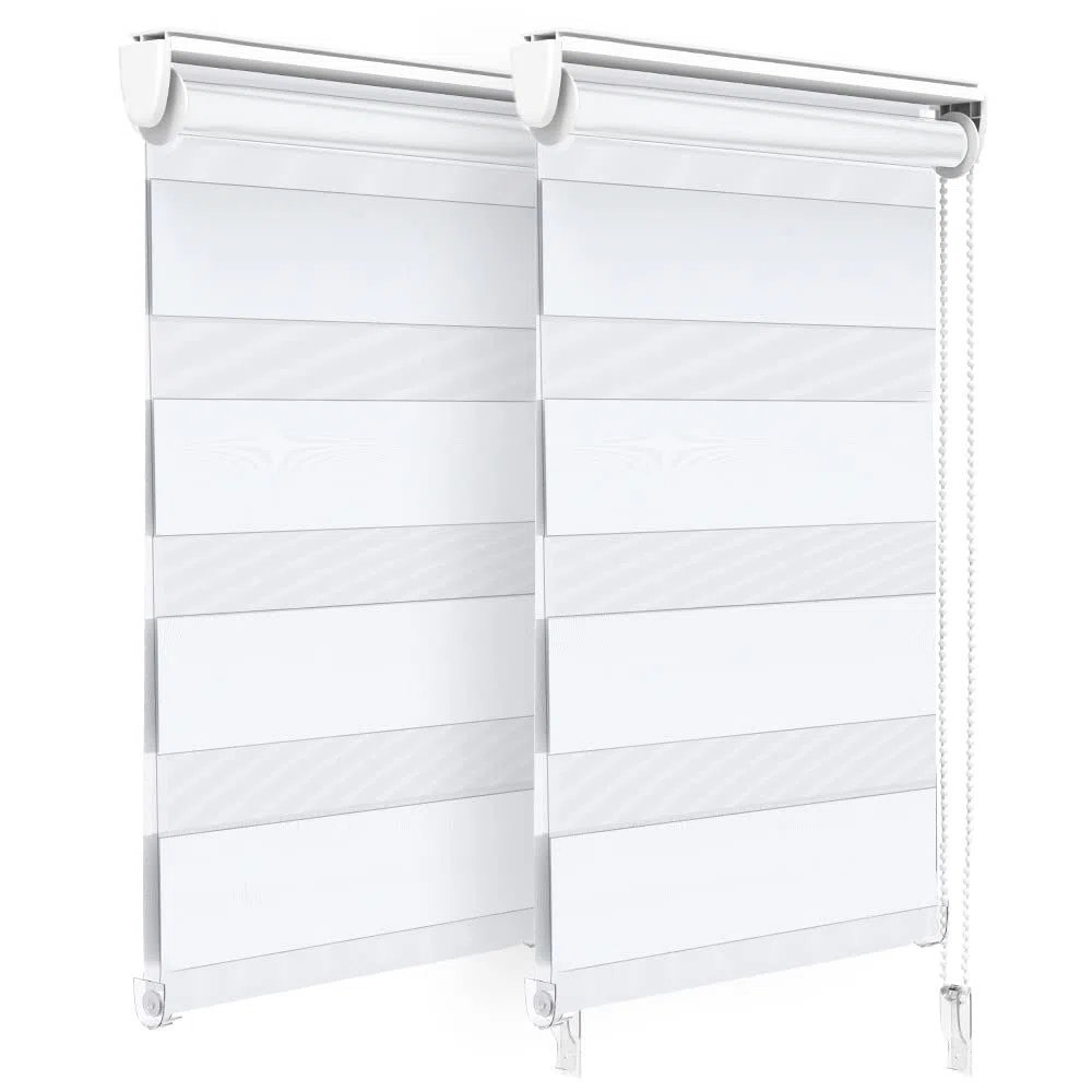 VOUNOT® Set di 2 Tenda a Rullo Doppia Strato Oscurante Giorno e Notte, Catenella Laterale, Bande Trasparenti e Opache, Tenda Interno Zebra Blinds Bianco, 45 x 150 cm