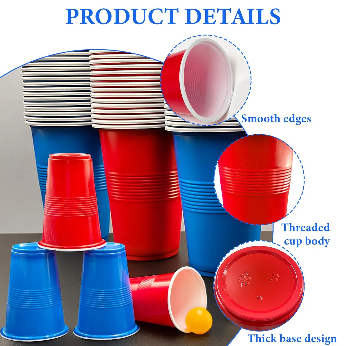 Bellanova Set da 100 Bicchieri Gioco da Festa 500 ml con 10 Palline da Ping-Pong, Bicchieri Rossi e Blu Riutilizzabili, Adatti a Giochi di Squadra, Feste, Campeggio e Bevande (50 rossi + 50 blu)