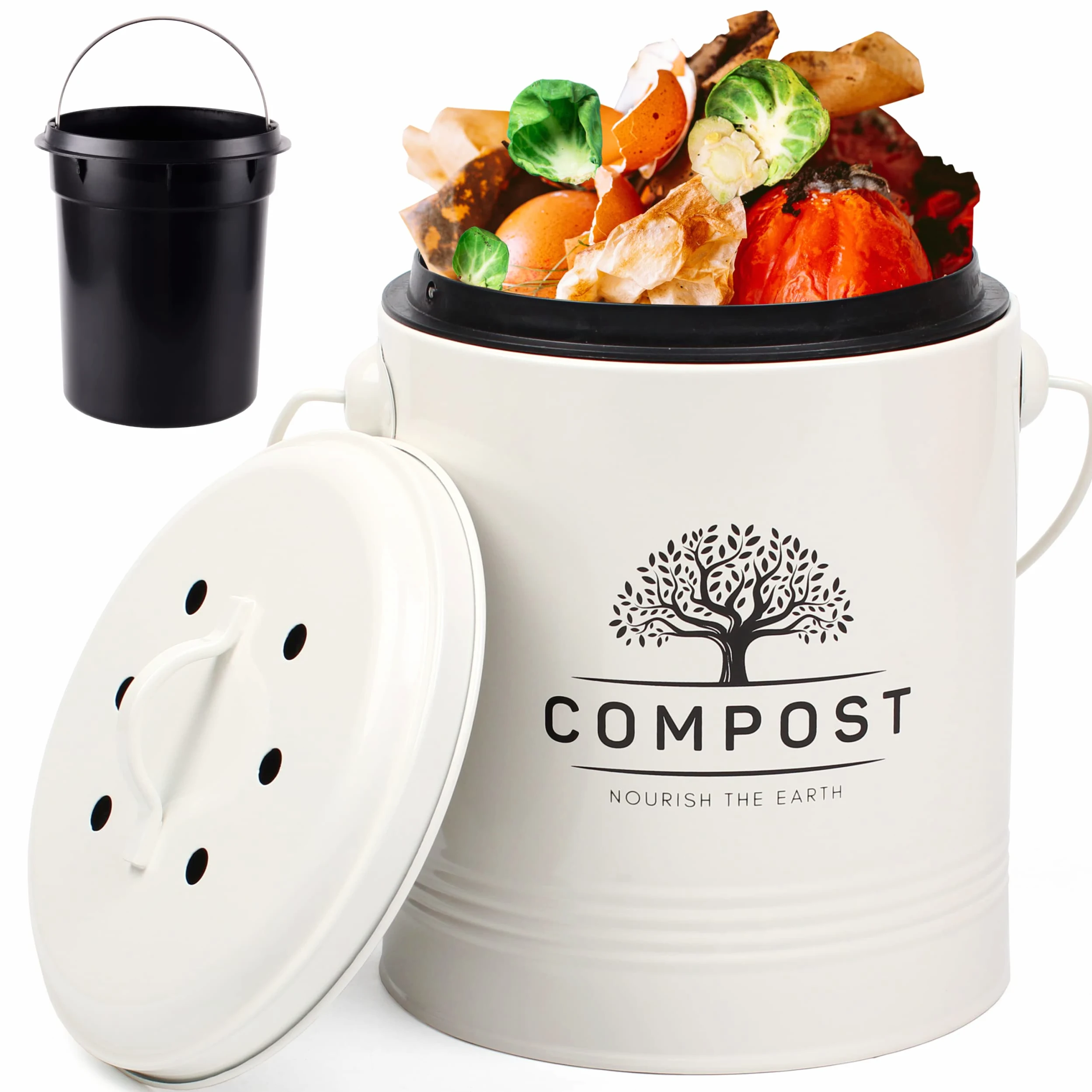 Perfnique Pattumiera da cucina per compost, da 1,3 galloni, con coperchio, secchio per compost da interno con fodera interna e filtro al carbonio, piccolo cestino per compostaggio