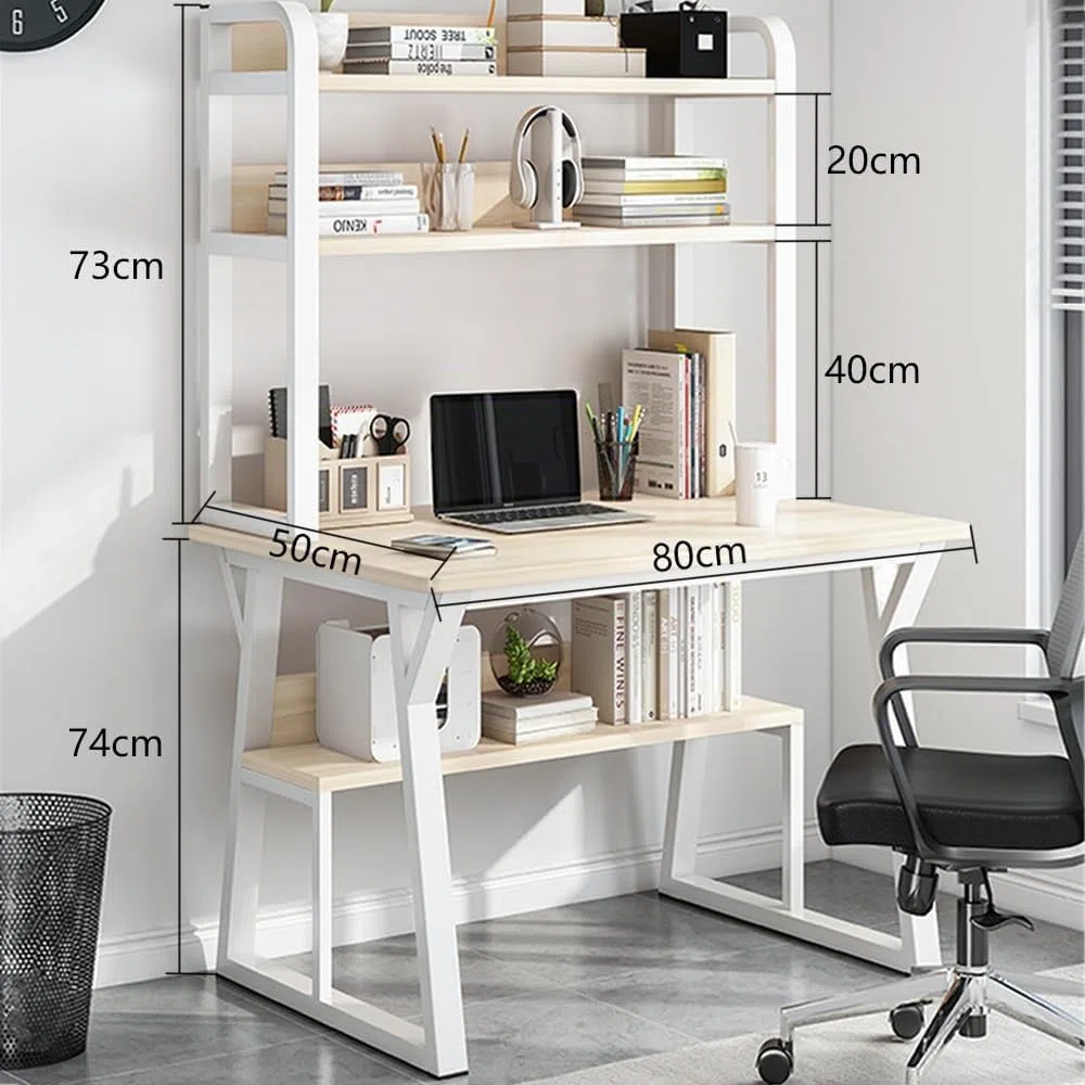 80 x 50 cm, Scrivania per Computer a 4 Livelli, con Vano Portaoggetti, con Libreria, Tavolo per Ufficio, Studio, Camera da Letto, Bianco e Beige Chiaro