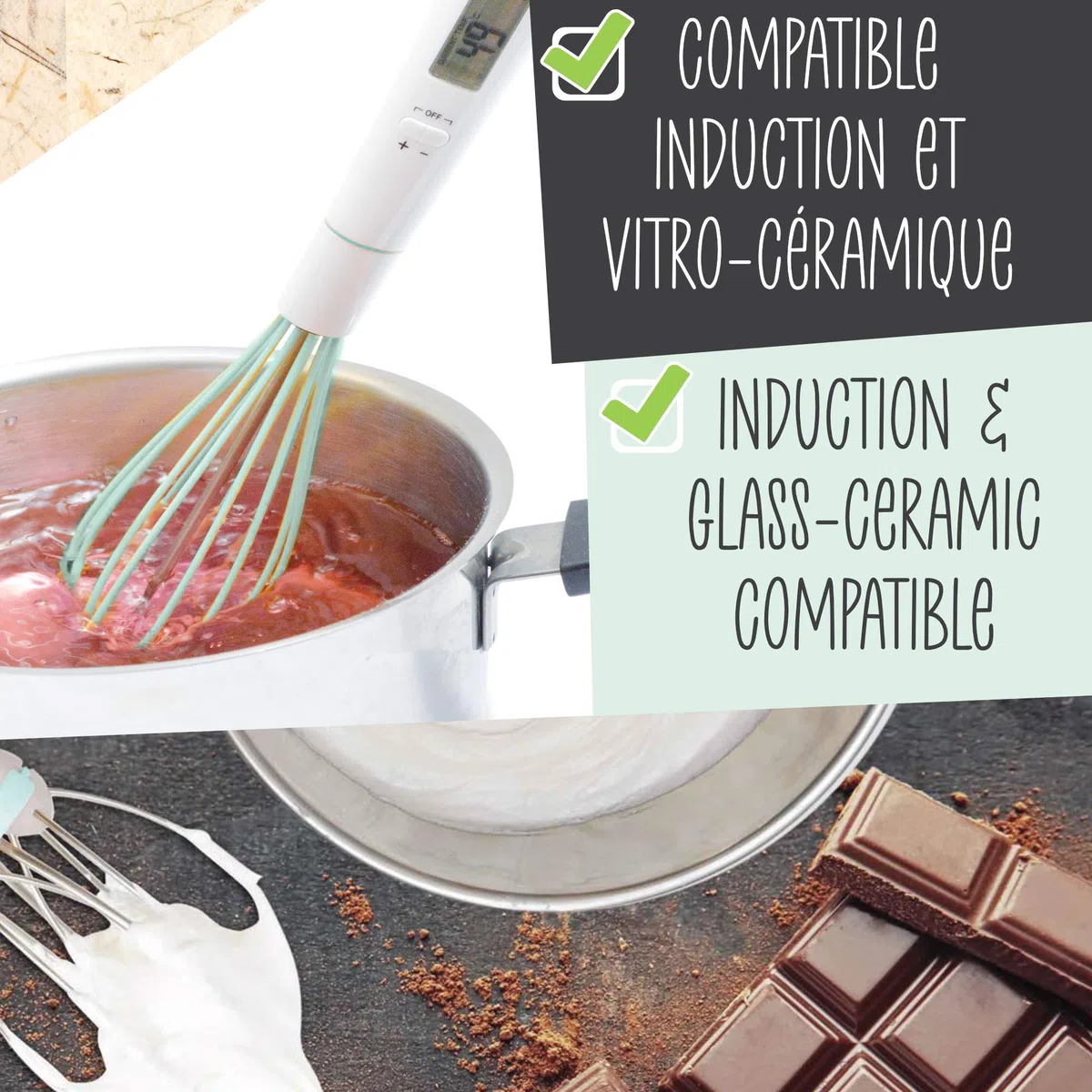 ScrapCooking 5167 - Frusta termometro per pasticceria 2-in-1, termometro da cucina per cottura al cioccolato, caramello, zucchero, con sonda di temperatura rimovibile, in silicone, compatibile con