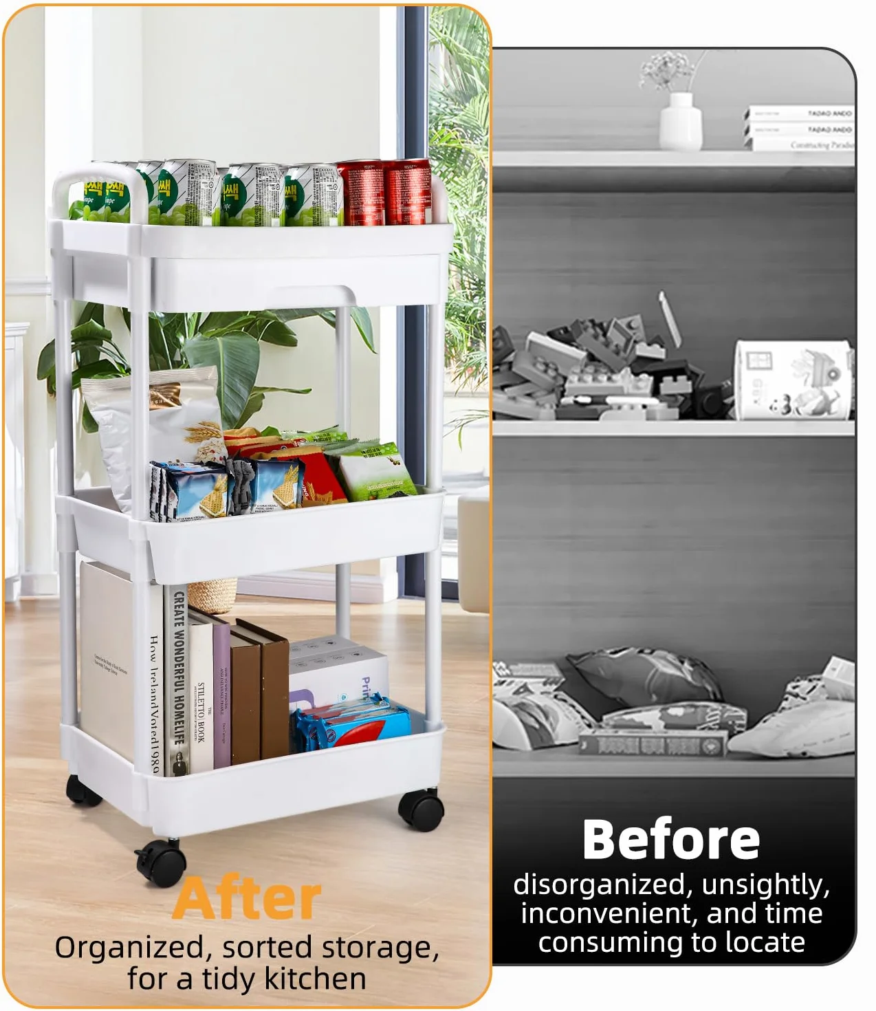 Carrello con Ruote Portatutto Cucina con Cassetto, Carrello Portaoggetti Multifunzionale con Maniglia, Gancio, Ruote Bloccabili, Carrellino per auto di Facile Montaggio per Bagno, Bianco