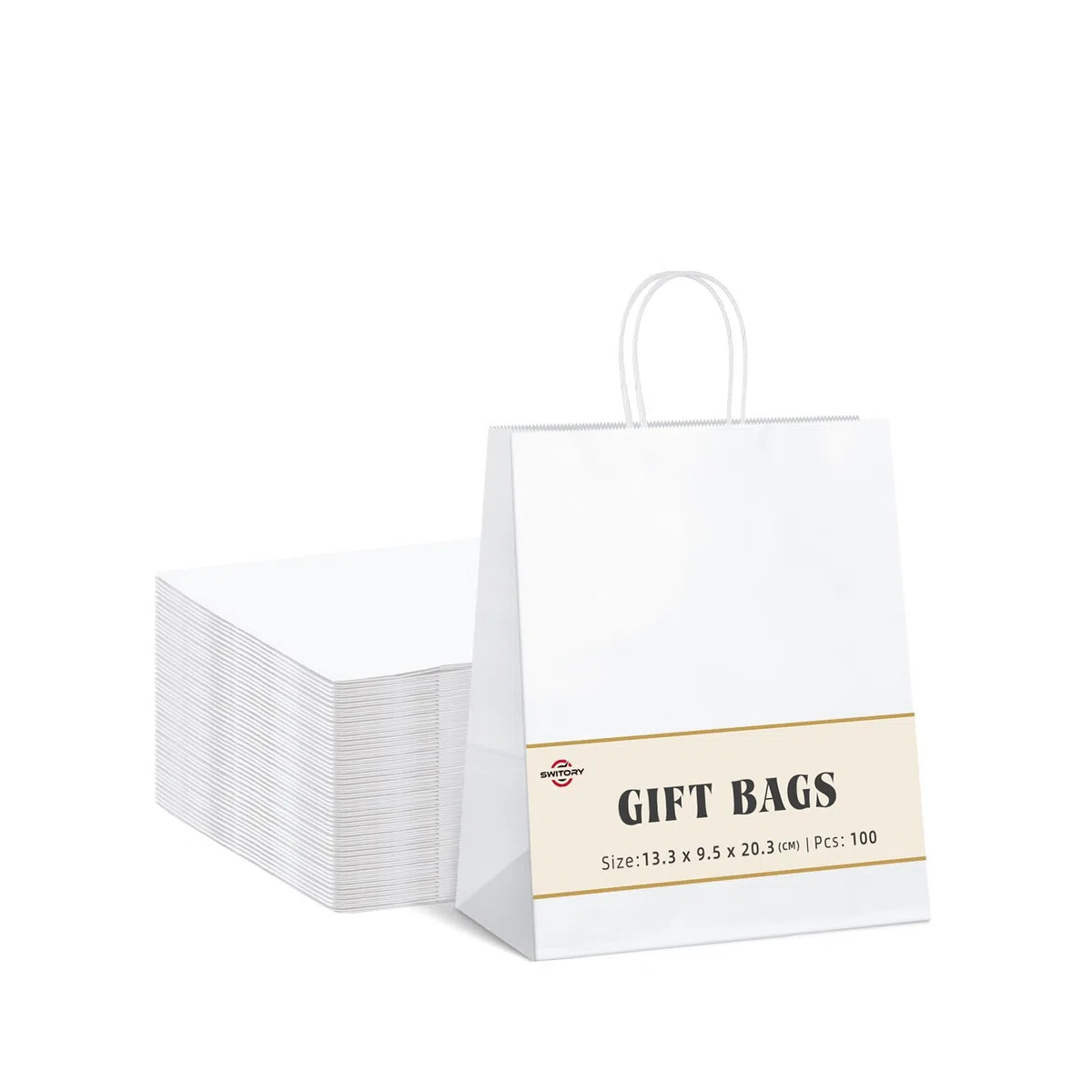 Switory Sacchetto regalo in carta Kraft 100pc 13x9,5x20cm Borsa regalo shopping bianca con manici intrecciati per bomboniere, confezione, personalizzazione, trasporto, vendita al dettaglio
