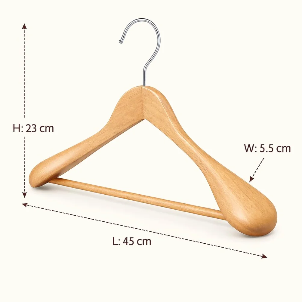 MELA'S Wooden Wide Clothes Hanger, Natural Wood, Pack of 12, Non-Slip, for Stable Jacket, Suit, Shirts, Extra Wide Shoulders, Trouser Bars, 45 x 23 x 5.5(Natural)