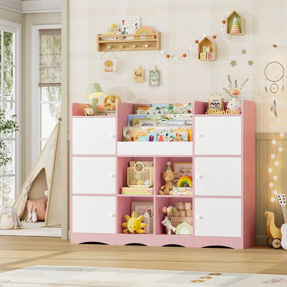 FOREHILL Organizer Giocattoli, Porta Giochi Bambini a 6 Scomparti con Ante, Mobile Porta Giochi a 4 Vani Portaoggetti Aperti, con Portariviste, per Cameretta e Sala Giochi, 140x30x106 cm (Rosa)