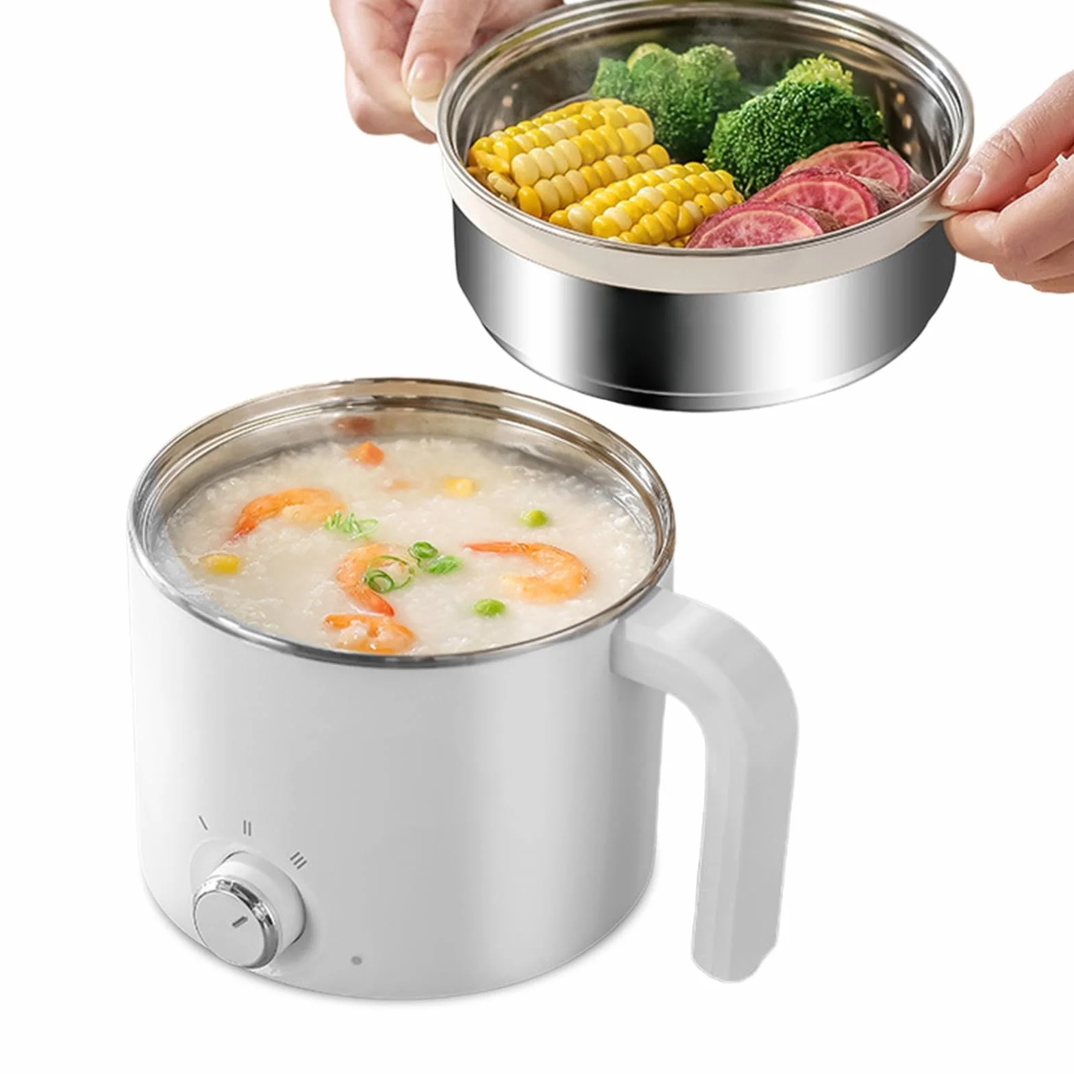 SUNOYA Un Set Mini Pentola Elettrica, 1.7l Portatile Pentola Elettrica, 300 W/600 W Hot Pot Ramen Cooker Con Vaporiera, Pentola Calda Elettrica Antiaderente, Per Riscaldamento Rapido In Viaggio