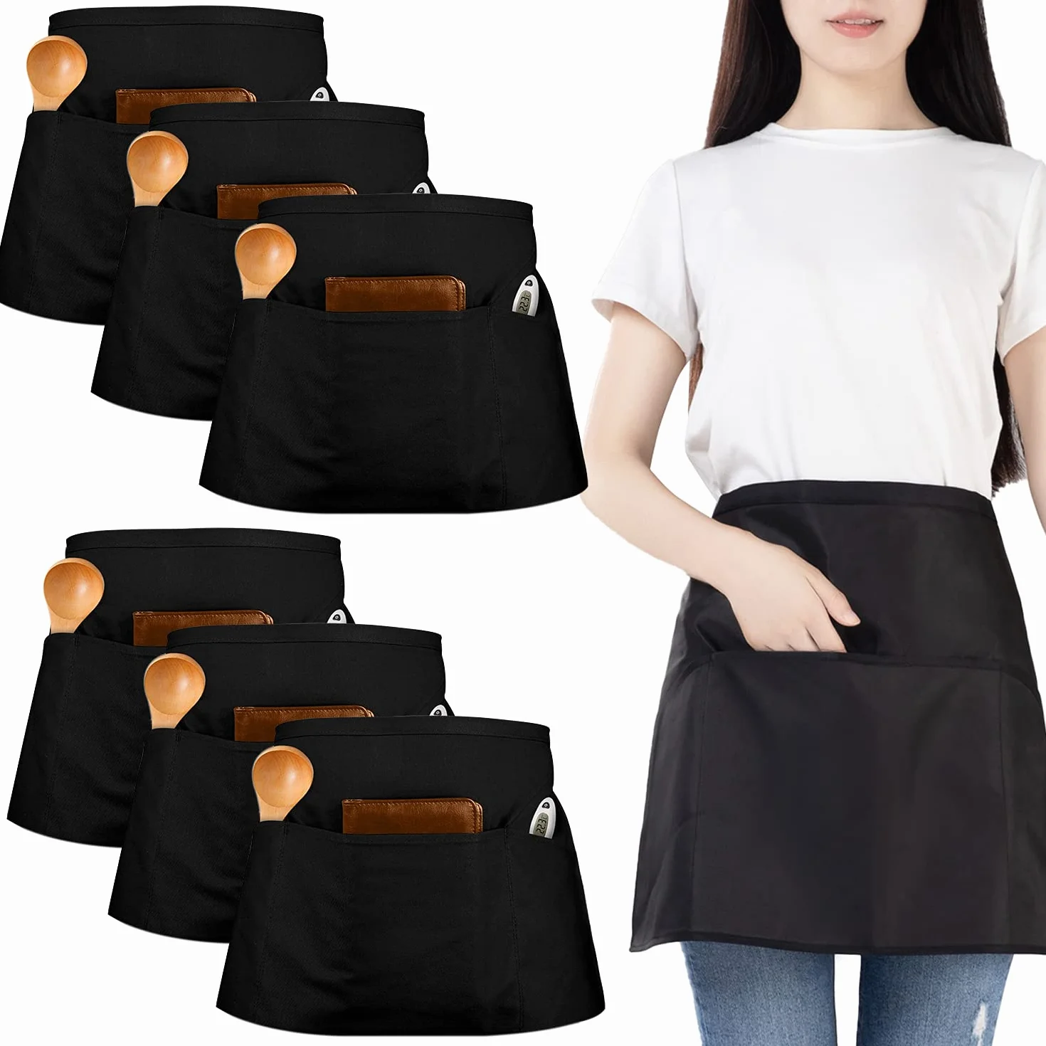 6 Pezzi Grembiuli, Mezzo Grembiuli da Cucina con 3 Tasche, Impermeabile Chef Grembiule per Uomini Donne, Grembiule Corto Cameriera Cameriere, Grembiule per Bistrot, Bar, Ristorante