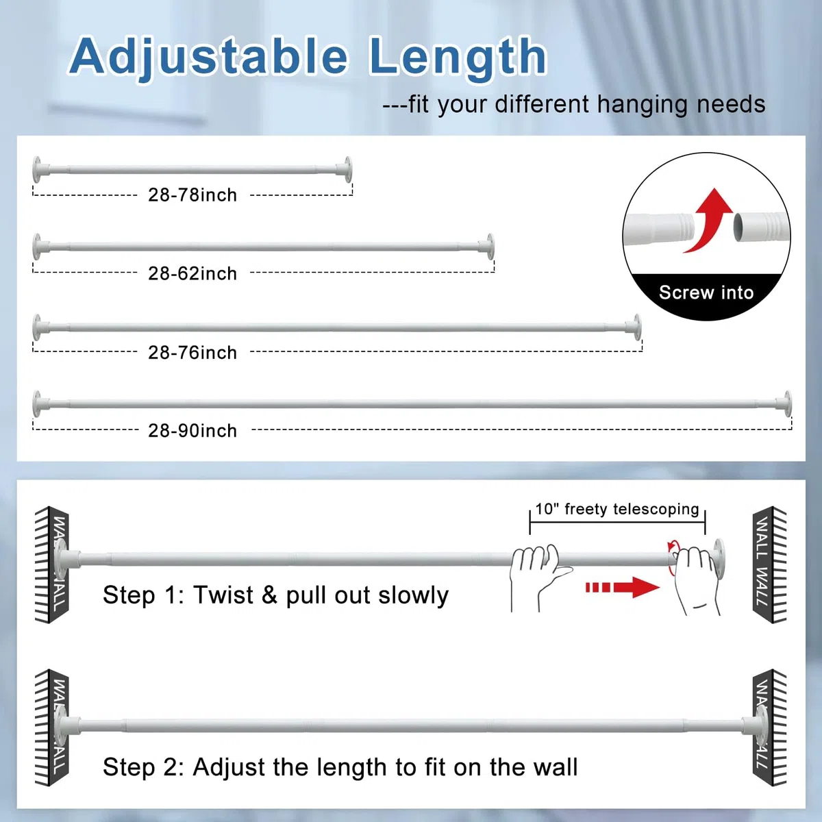 Bastone per tende 70-230 cm, Bastone per tende da doccia estraibile bianco opaco per bagno, finestra, guardaroba