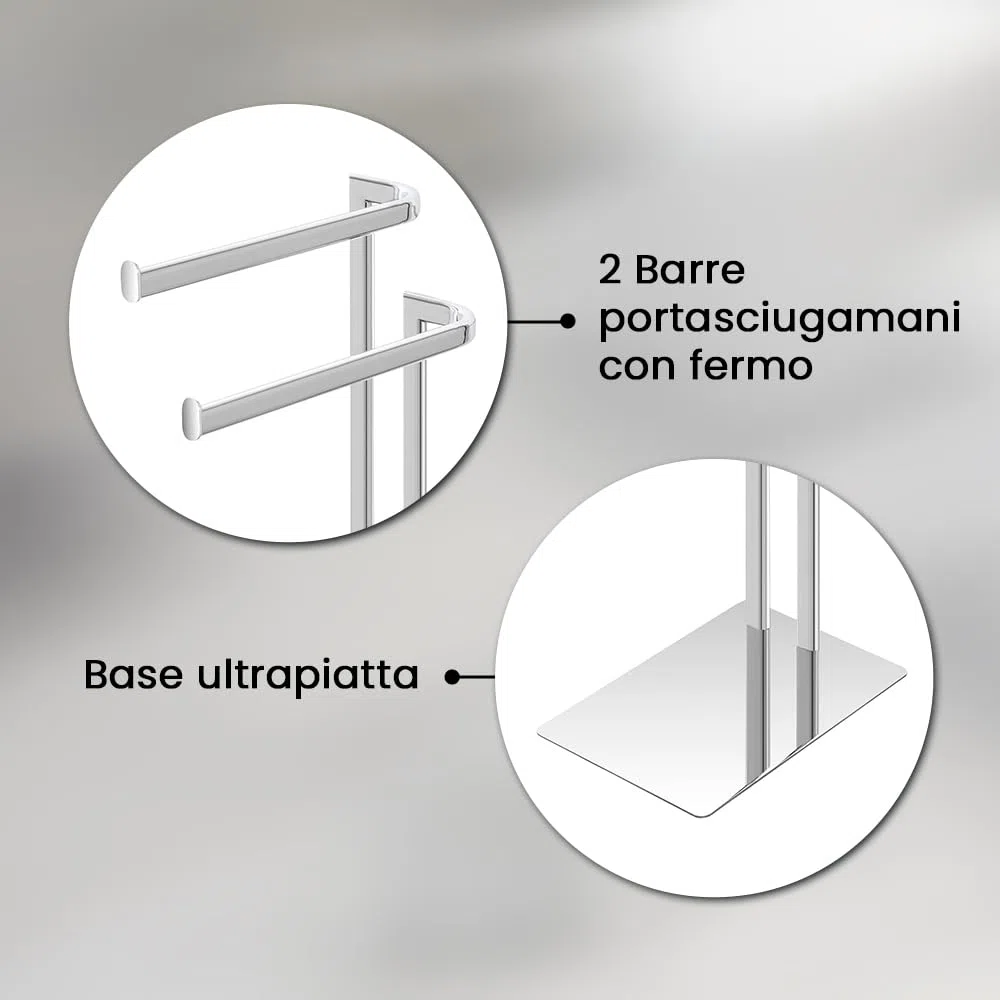 Piantana Porta Asciugamani Da Appoggio Per Bagno In Acciaio Cromato Linea Style, L 20 x P 30 x H 70 Cm, Dotata Di 2 Braccia Porta Salviette