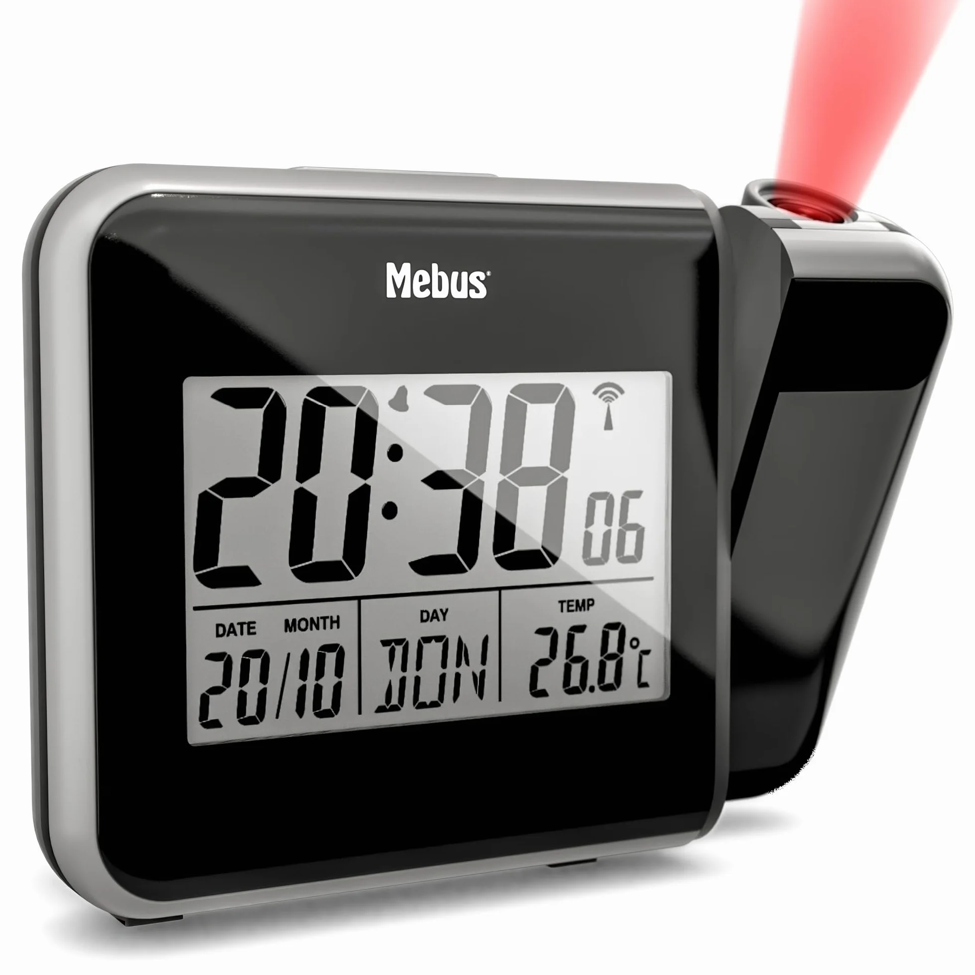 MEBUS digitaler Funkwecker mit Projektion der Uhrzeit an Decke Wand, INKL. Netzstecker, Batteriebetrieb Möglich, Dauerprojektion, schwenkbar, Thermometer/Farbe: Schwarz/Modell: 42425